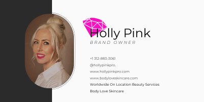 Profile picture of a woman with blonde hair in a bun, smiling, with a pink diamond logo and business information.