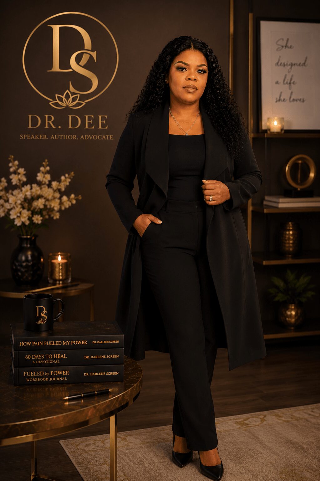 Woman in black suit standing in office with gold and black decor, books, and a logo reading Dr. Dee.