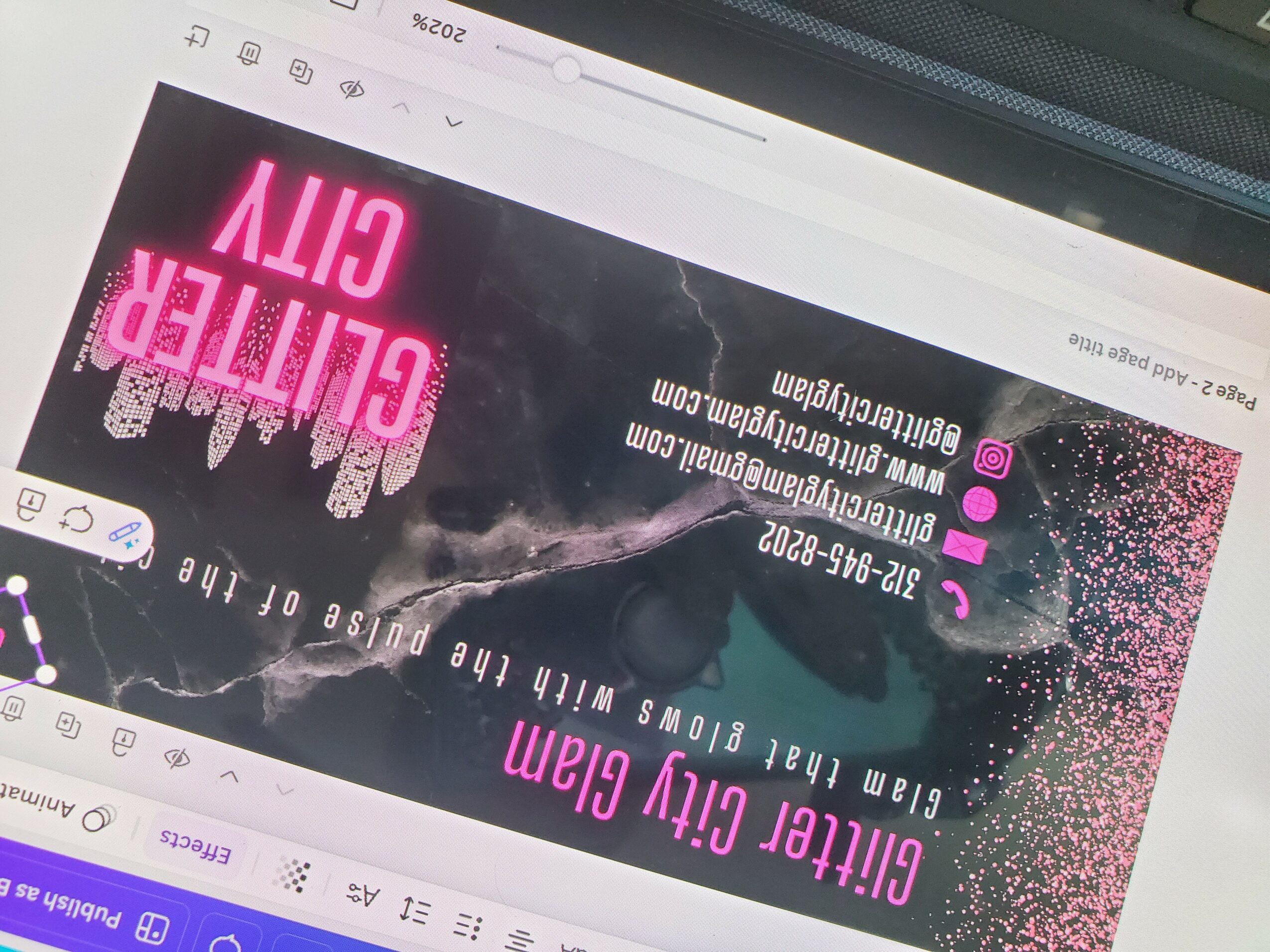 Flyer for glitter city event with pink and white text on black background, includes website and date details.