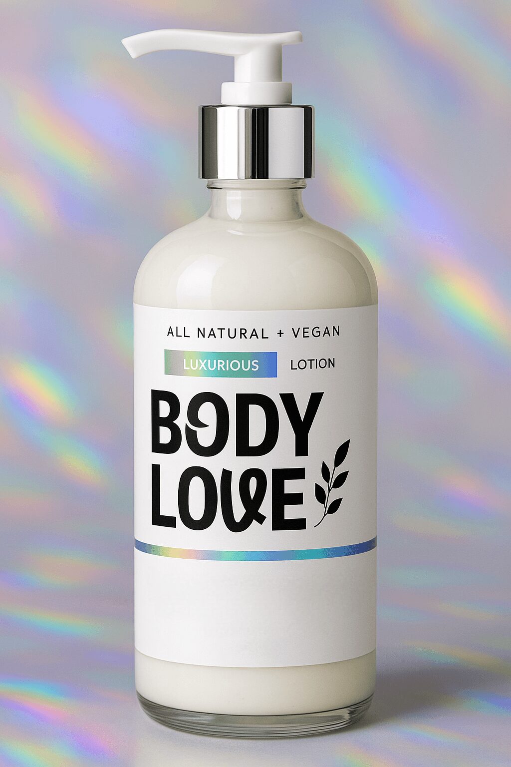 White lotion bottle with pump dispenser, label reads 'Body Love' and 'All Natural + Vegan,' on holographic background.