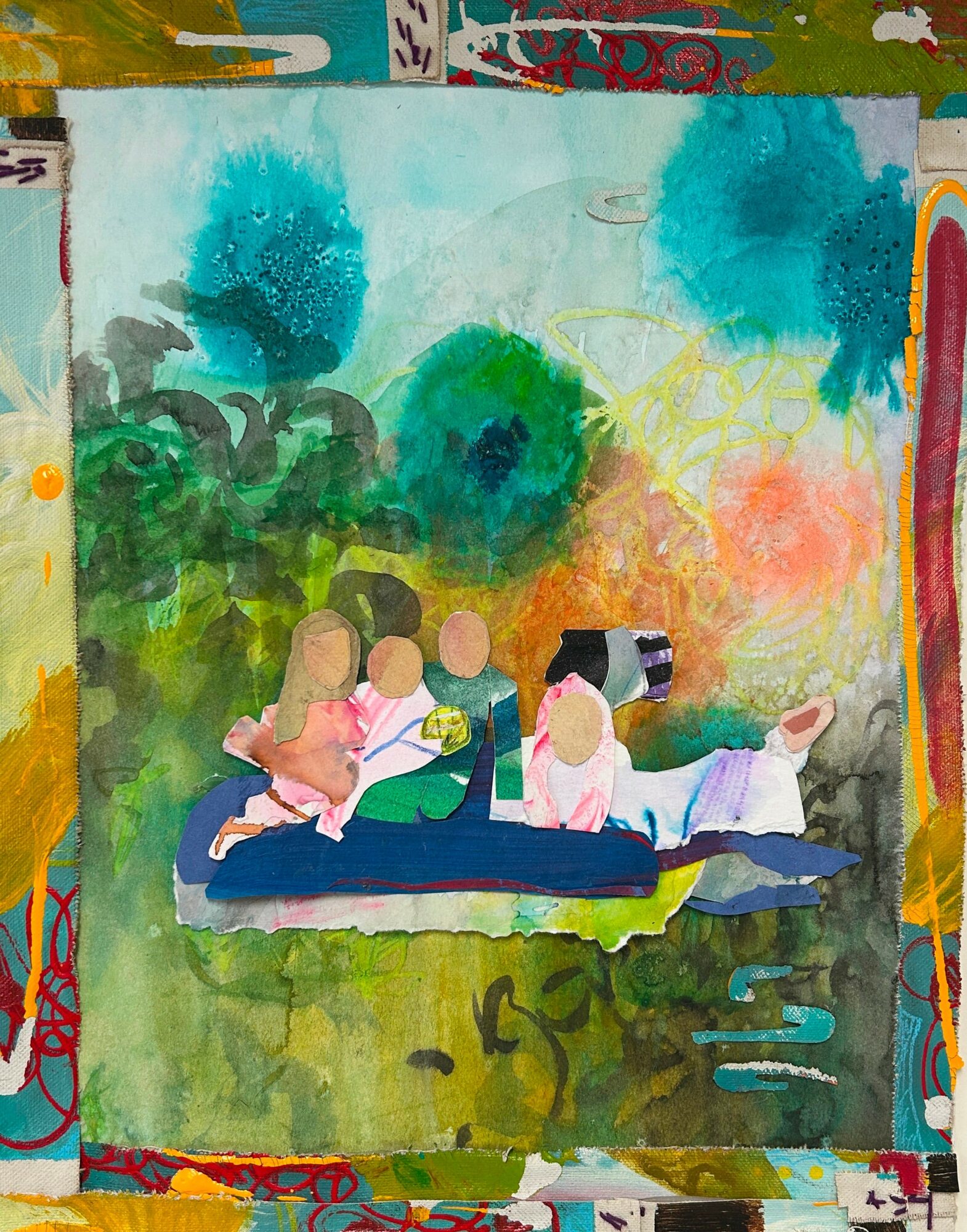 Children sitting on a boat in a colorful, abstract landscape with trees and water, painted in a childlike style.