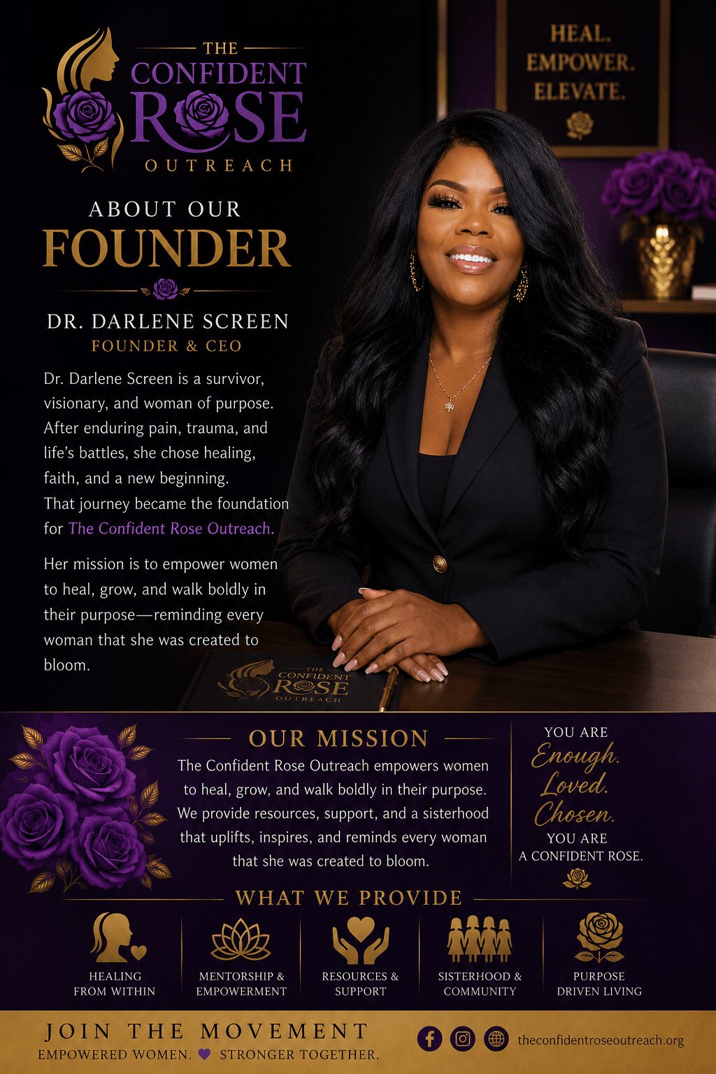 Portrait of Dr. Darlene Screen smiling, with purple flowers and a dark background featuring text about her and the organization.