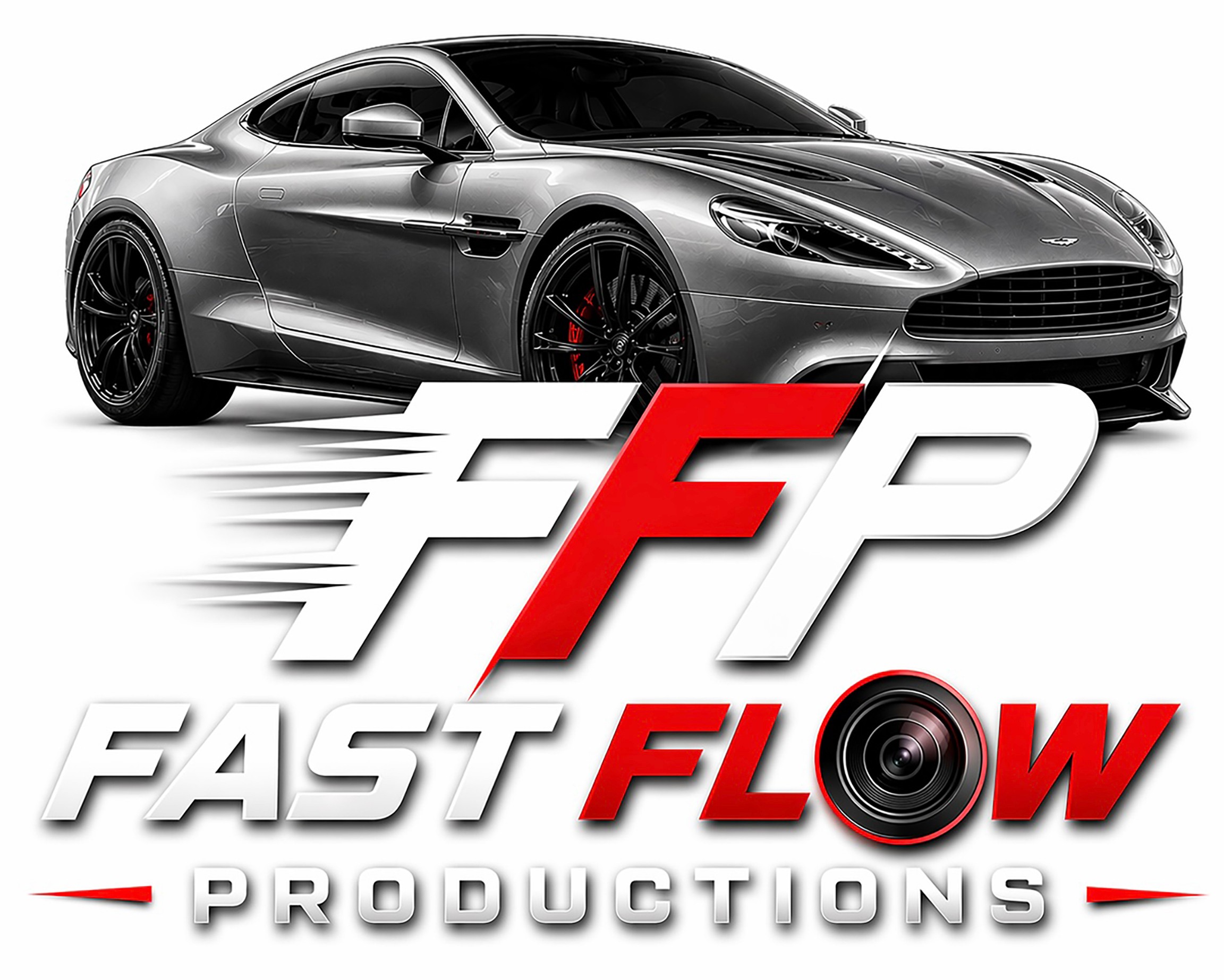 Silver sports car with logo and text for Fast Flow Productions, featuring a speaker icon, on a white background.