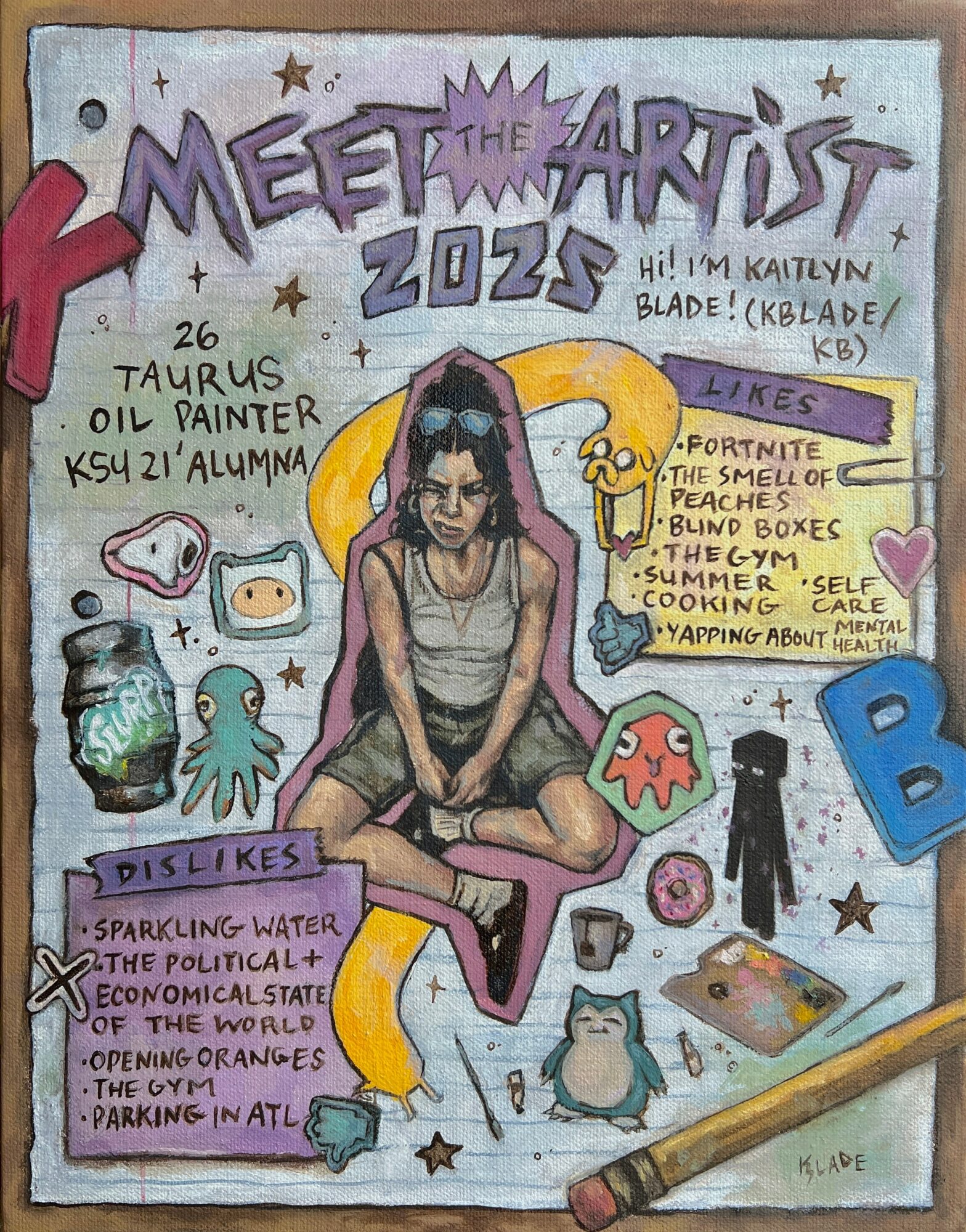 Colorful poster featuring a girl sitting cross-legged, surrounded by cartoon characters, stars, and text about an artist meet-up in 2023.