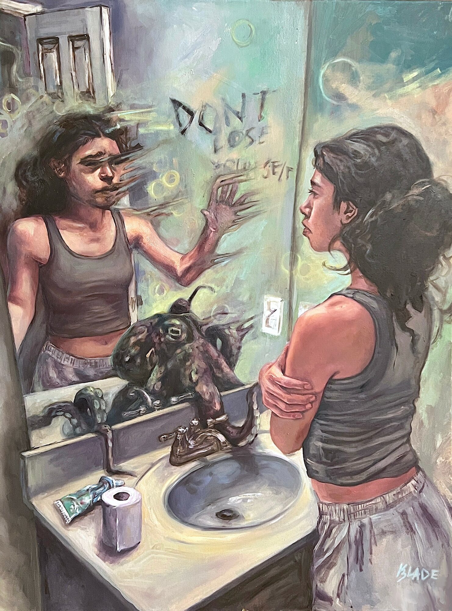 Two young women with dark hair in a bathroom mirror, one writing 'DON'T' on the glass, a dog on the sink, and bathroom items.