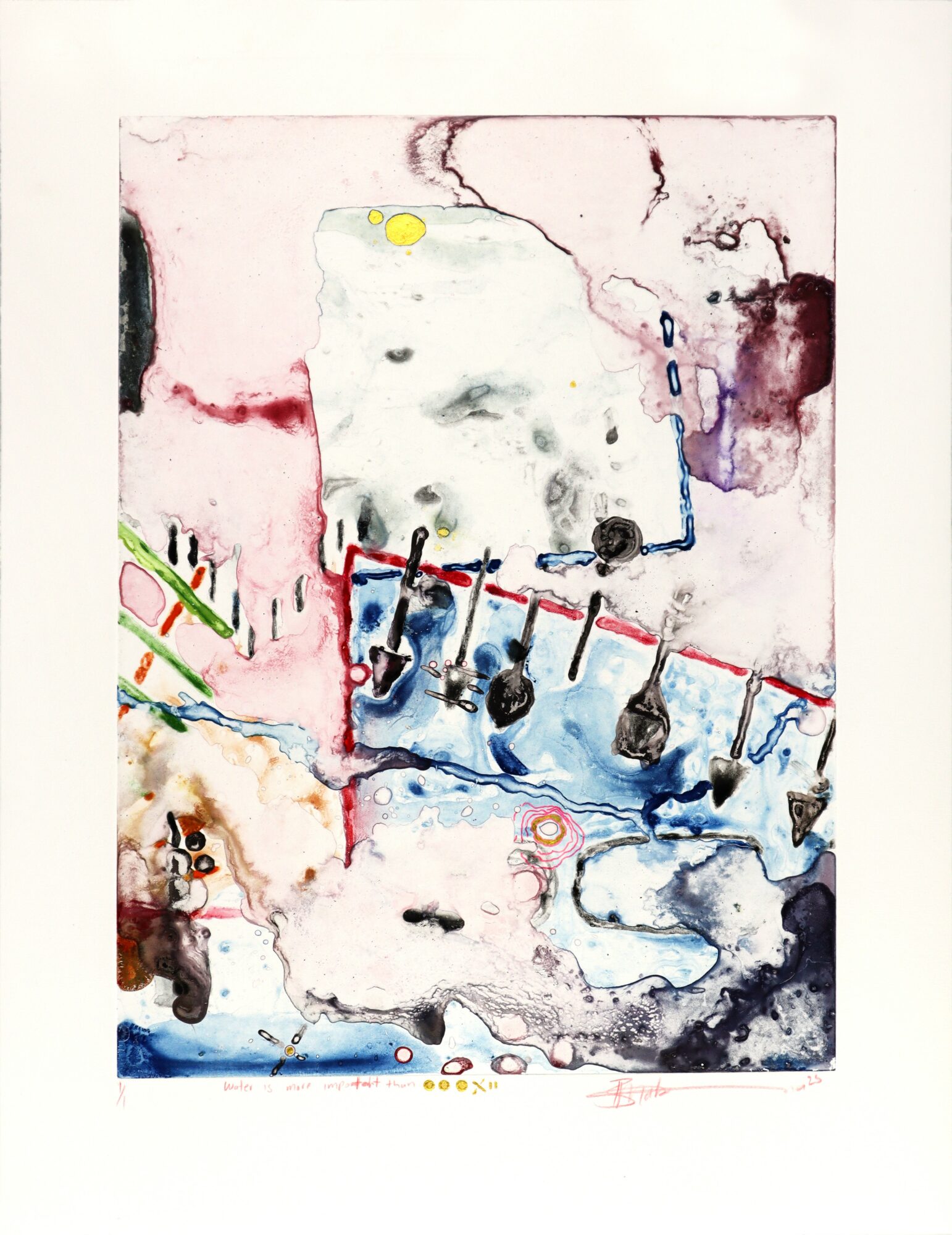 Abstract watercolor painting with various colors and shapes, including red, blue, yellow, and black, on a white background.