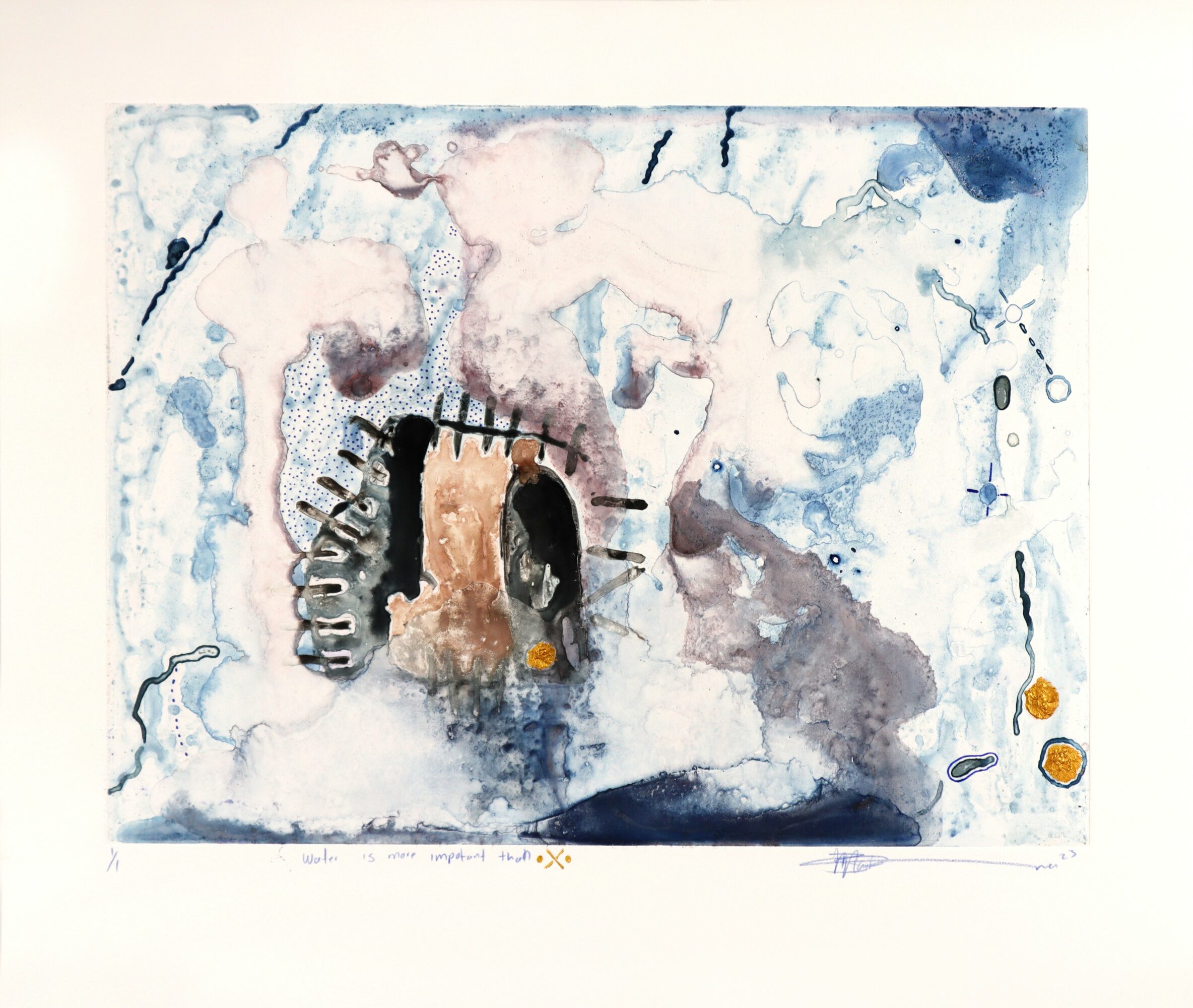 Watercolor painting of a small arched bridge with a person walking underneath, surrounded by abstract blue and gray shapes.