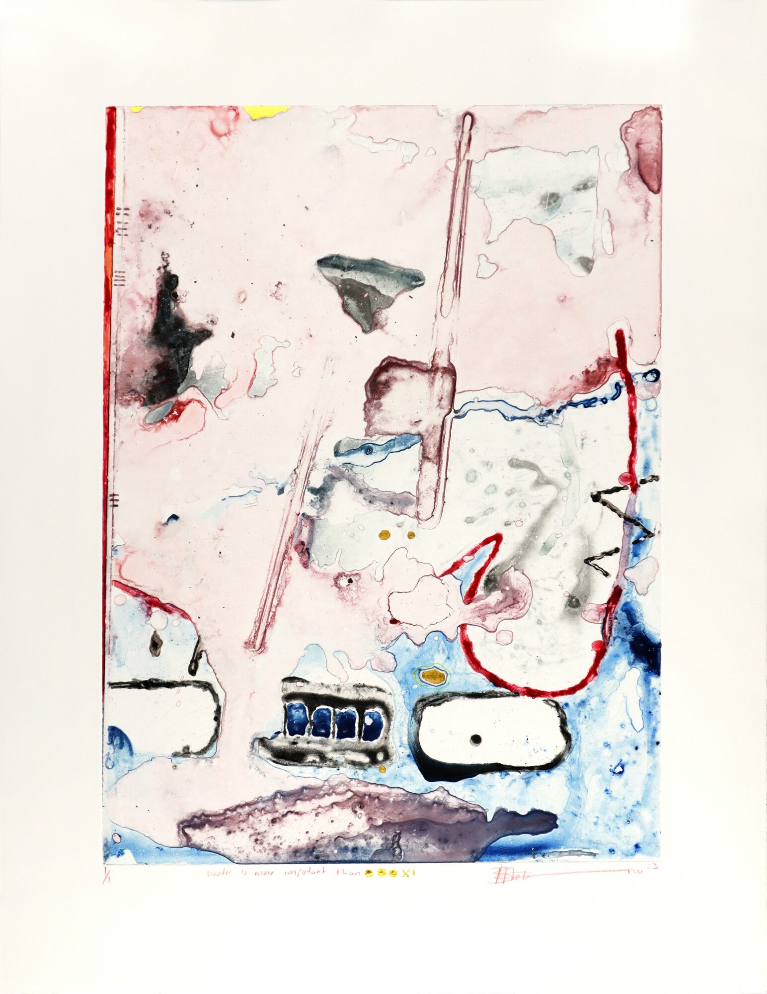 Abstract watercolor painting with red, black, blue, and gray splashes and lines on a white background.