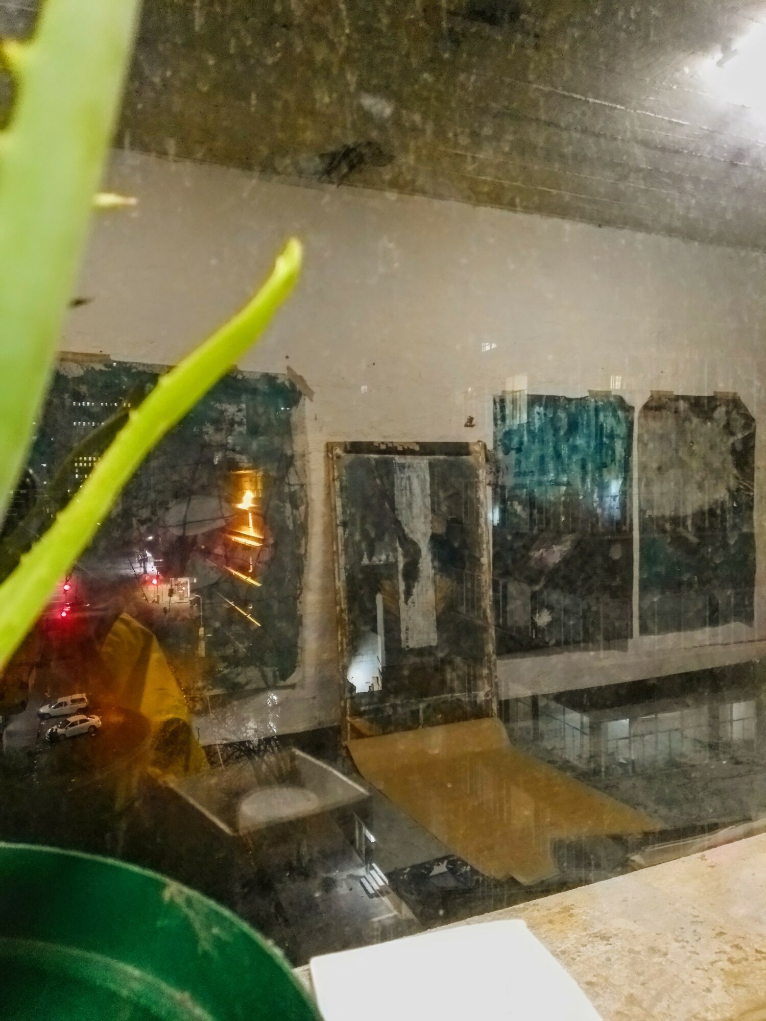 Rainy view through a window with reflections, showing a room with cabinets and a chair, and a green plant in the foreground.