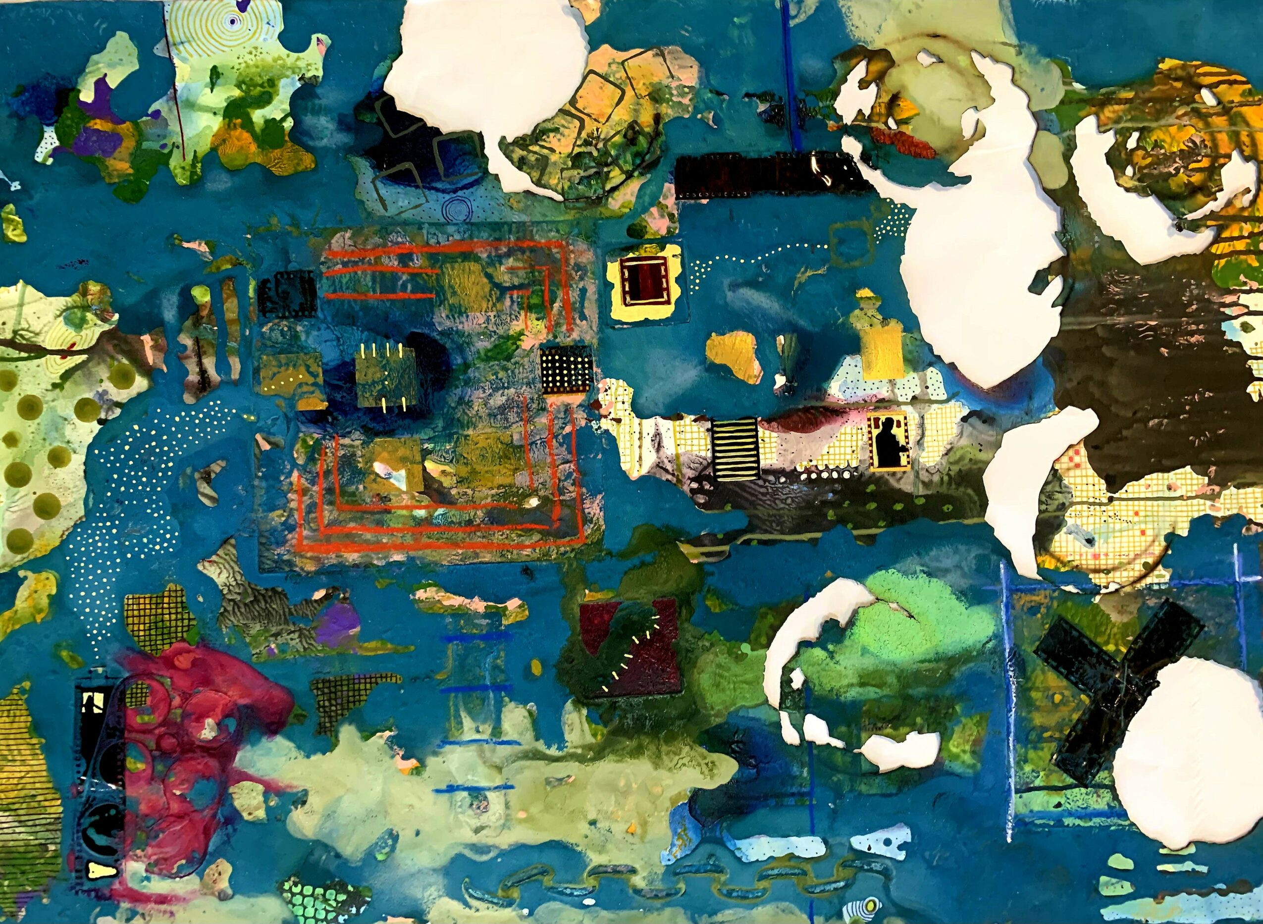 Colorful abstract painting with various shapes and textures, predominantly blue, green, and white, with some pink and yellow elements.