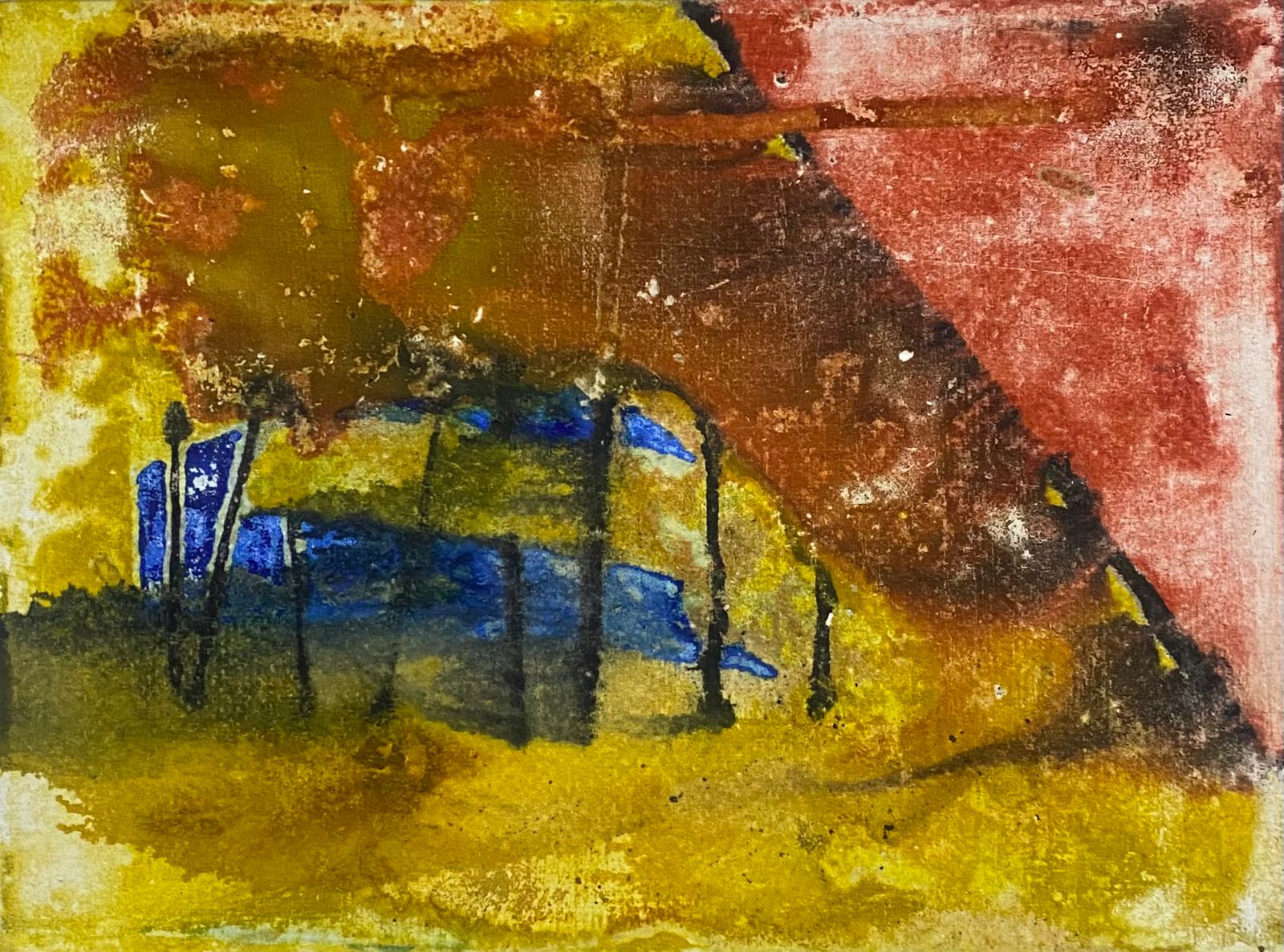 Abstract painting with yellow, blue, brown, and red colors, featuring textured brushstrokes and layered paint.