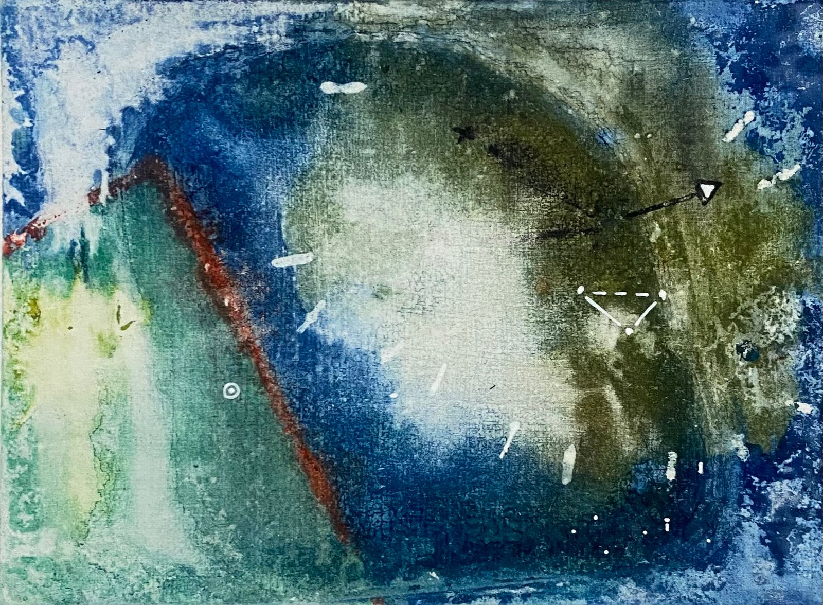 Abstract watercolor painting with blue, green, and brown hues, and a faint clock face with white markings.