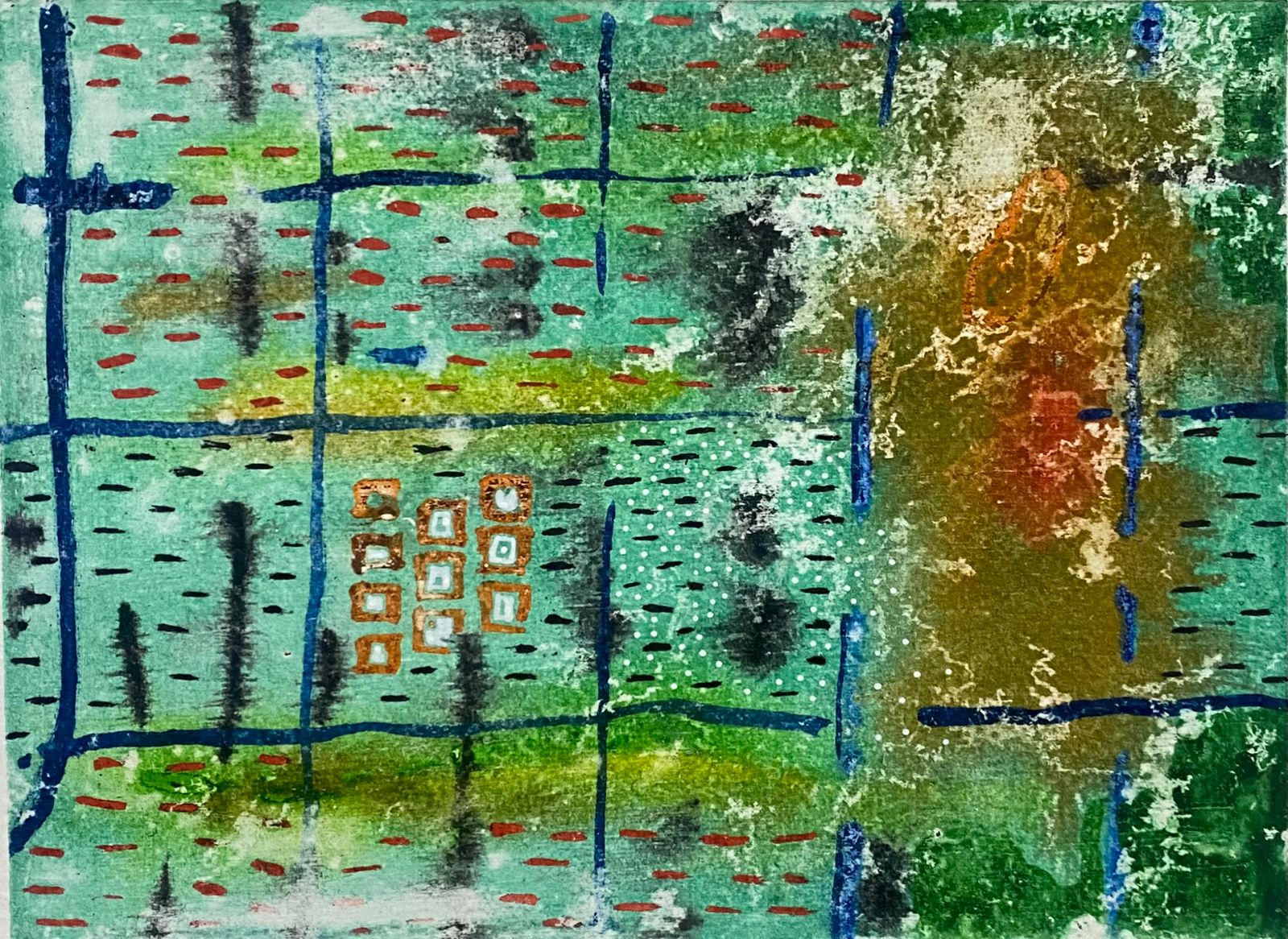 Abstract painting with green, blue, black, and orange colors, featuring grid-like lines and textured brushstrokes.