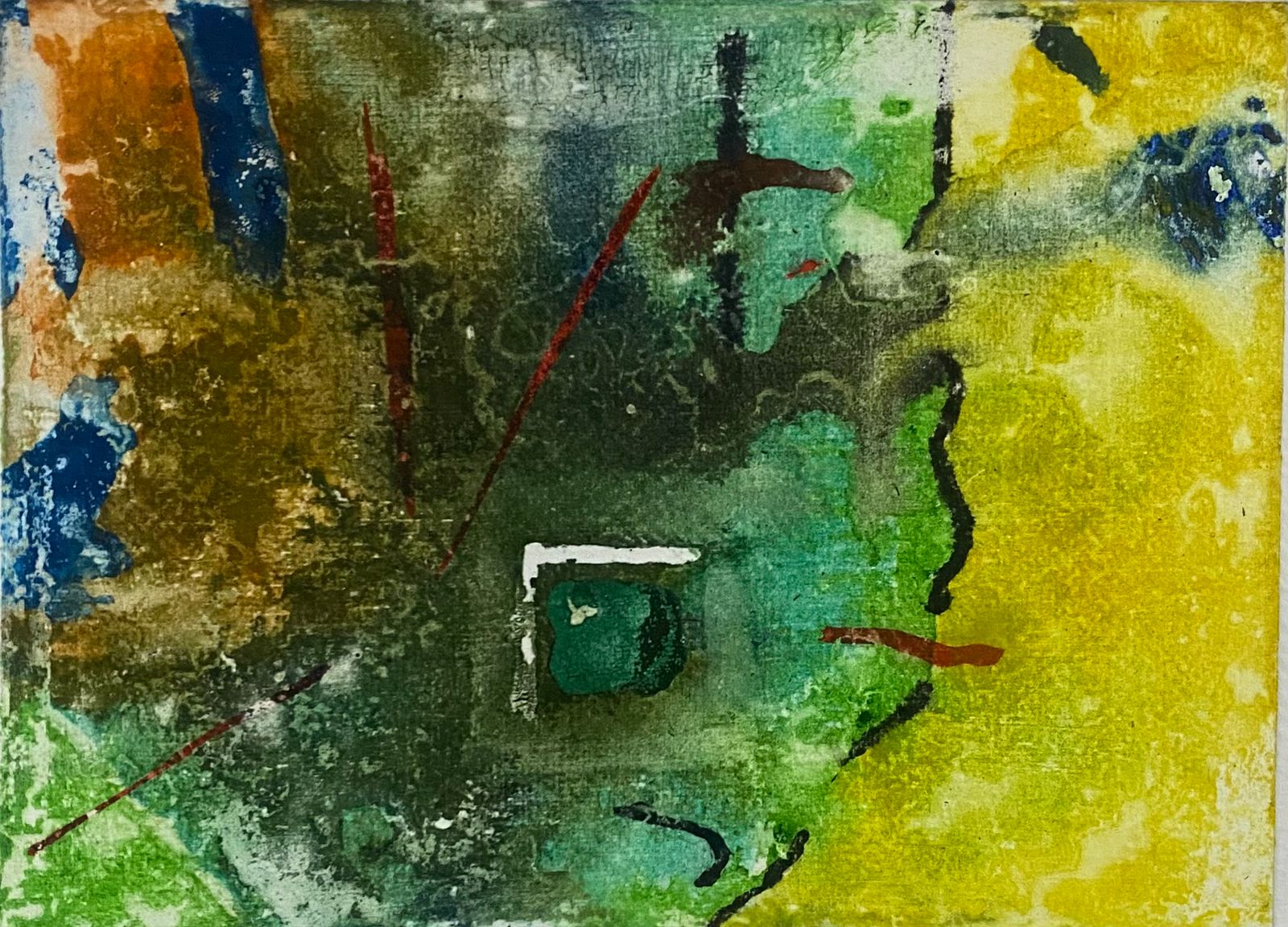 Abstract painting with green, yellow, blue, and brown colors, featuring various brushstrokes and textures.