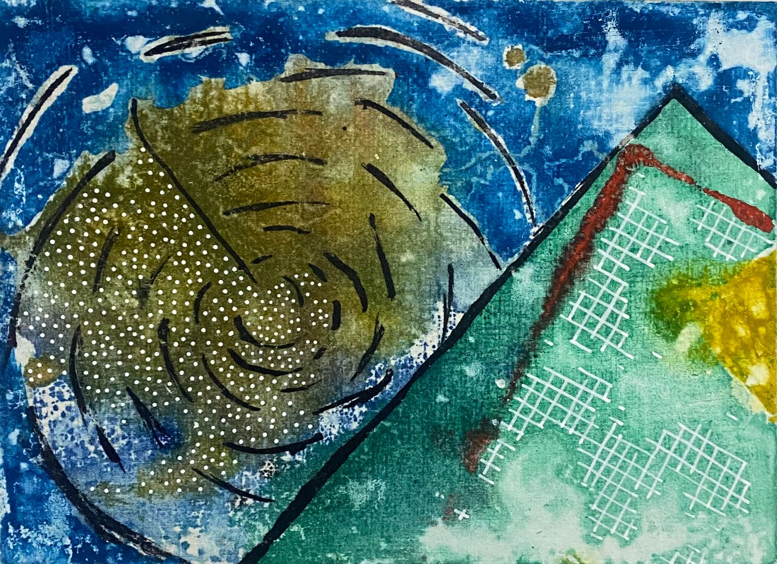 Abstract painting with swirling blue, green, and yellow shapes and patterns.