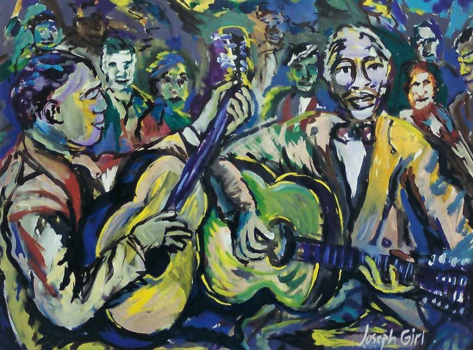 Group of people playing guitars, smiling, with colorful, expressive brushstrokes, lively scene, artist signature in bottom right corner.