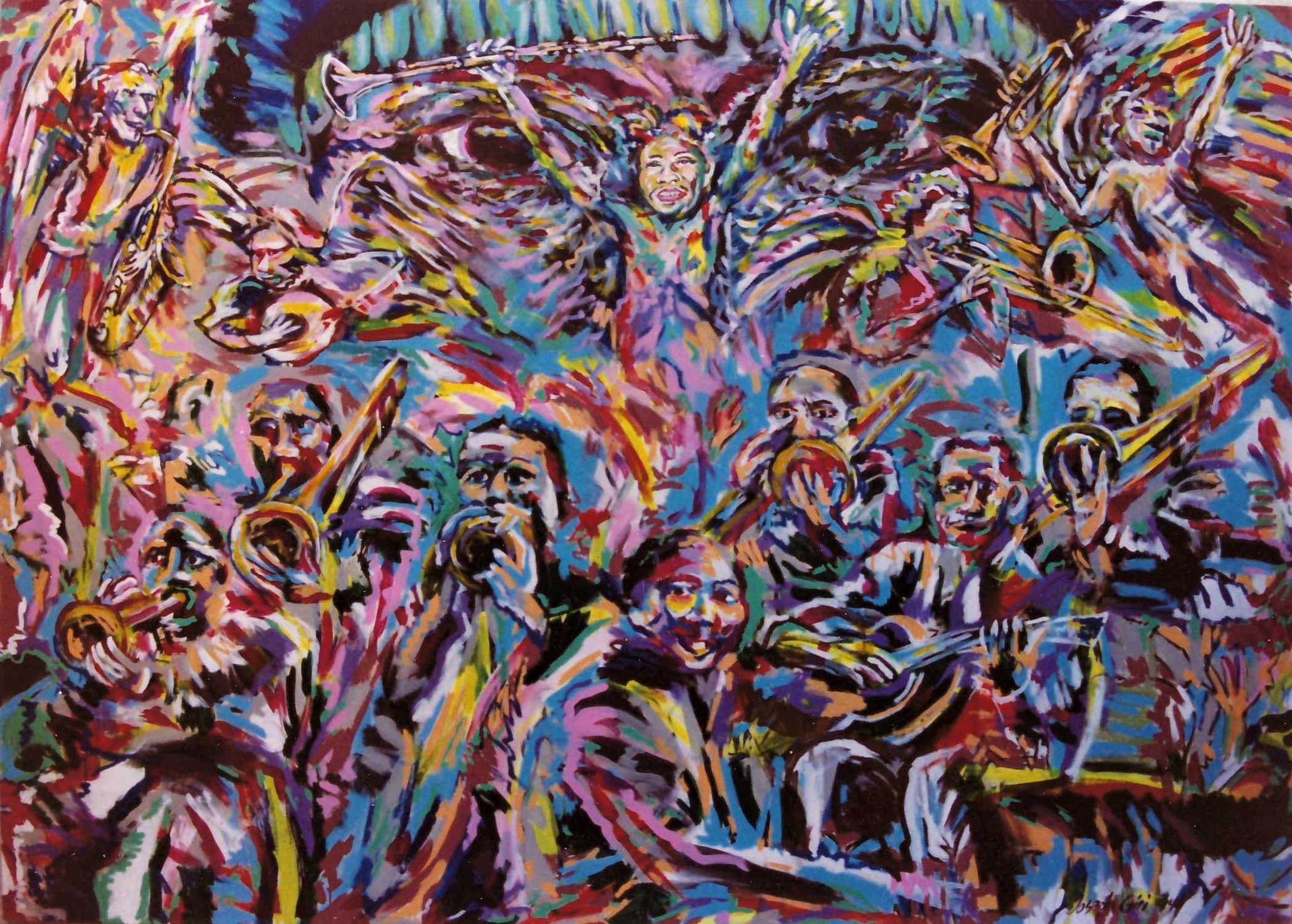 Colorful painting of a group of people playing musical instruments with two large tiger faces in the background.