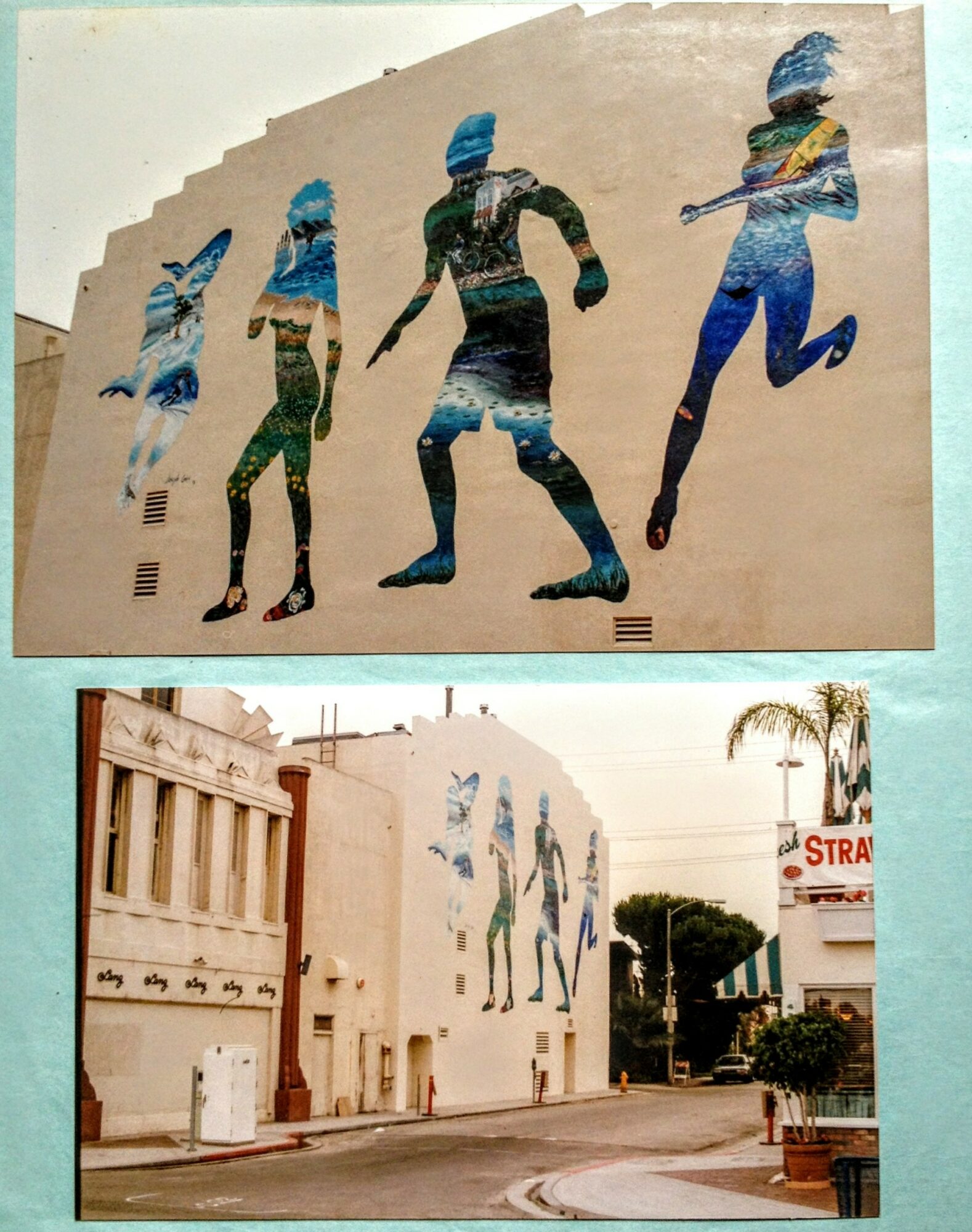 Street view with mural of four running figures painted on building wall, with trees and a sign in the background.