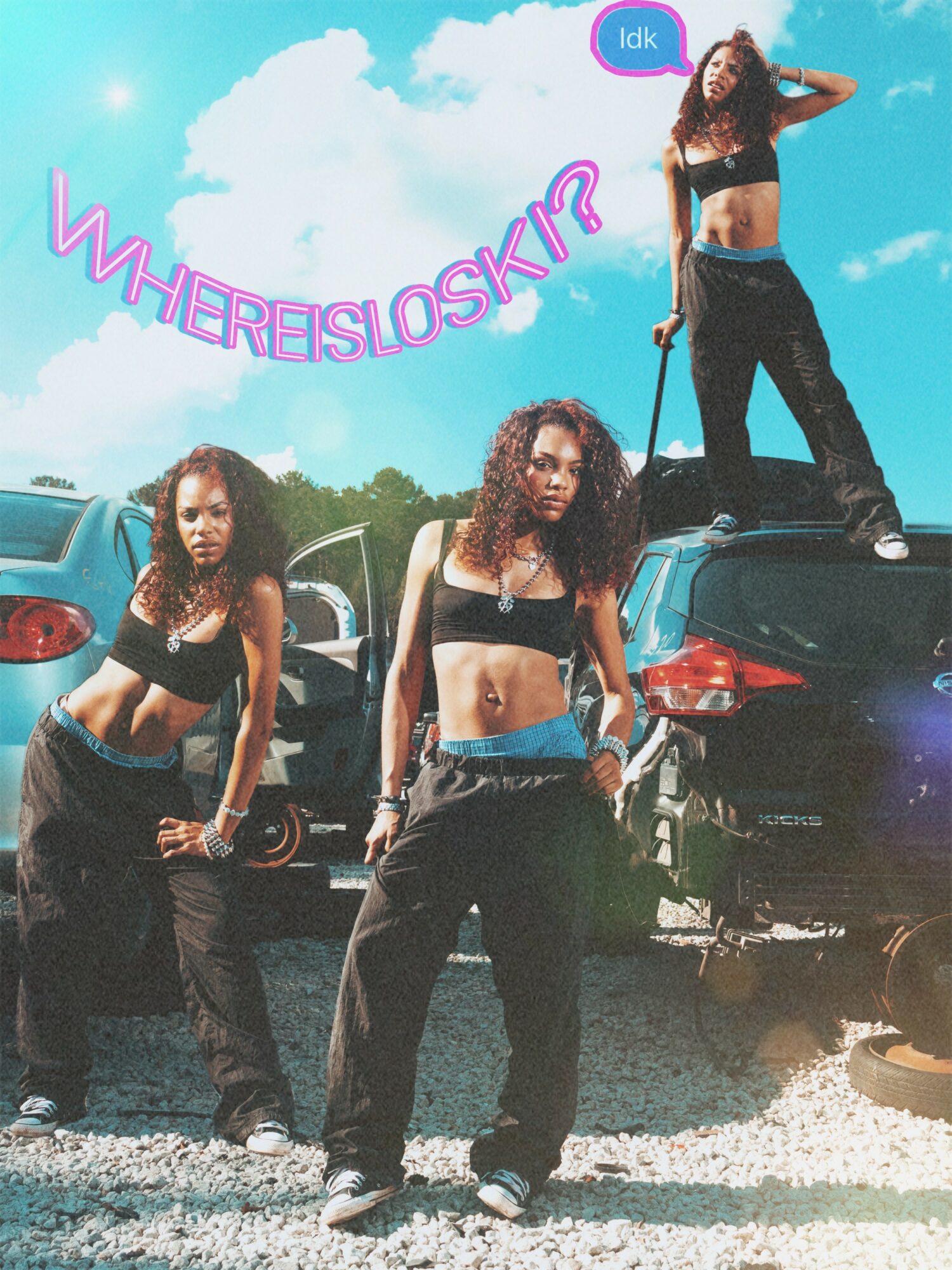 Three women in black outfits pose outdoors near cars, with a blue sky and clouds in the background. Text says 'WHEREISLOSKT?'.