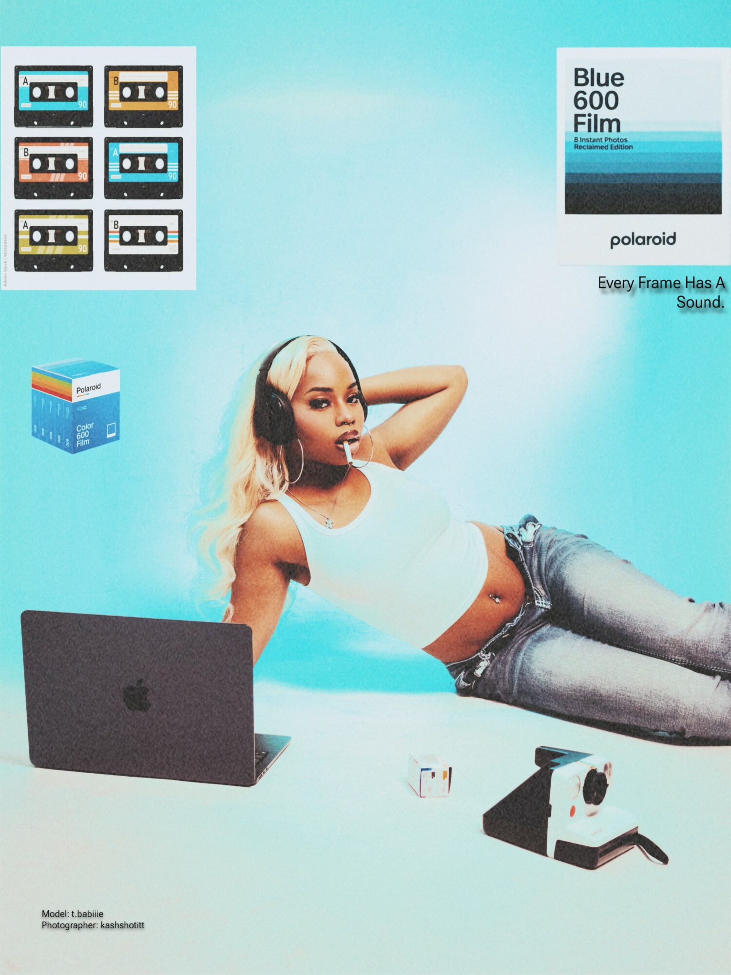 Young woman lying on the floor with a laptop, surrounded by film and camera equipment, against a blue background.