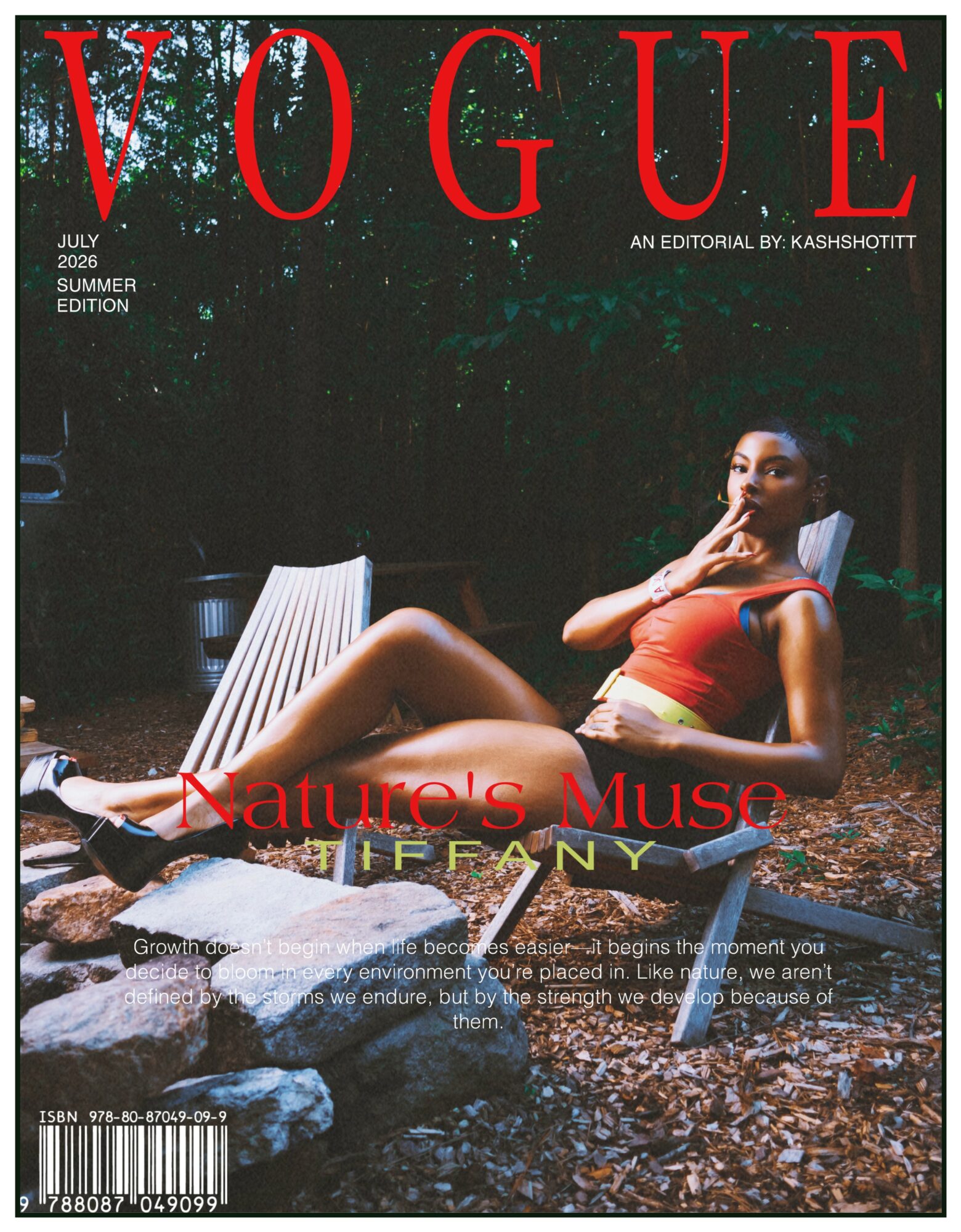 Woman in orange top and shorts relaxing on a lounge chair outdoors, surrounded by trees and rocks.