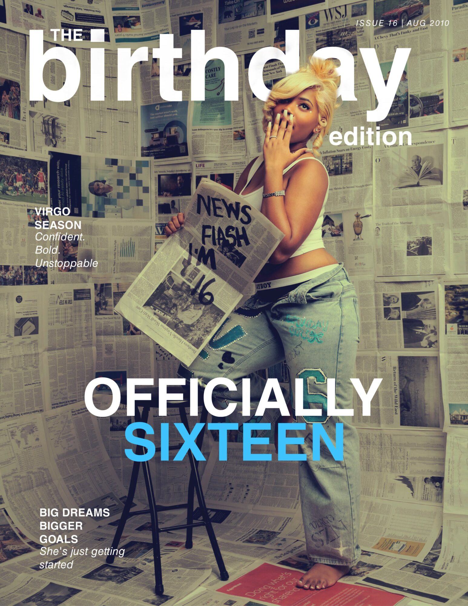 Young woman with blonde hair in a messy bun, holding a newspaper, standing in a room with newspaper-covered walls.
