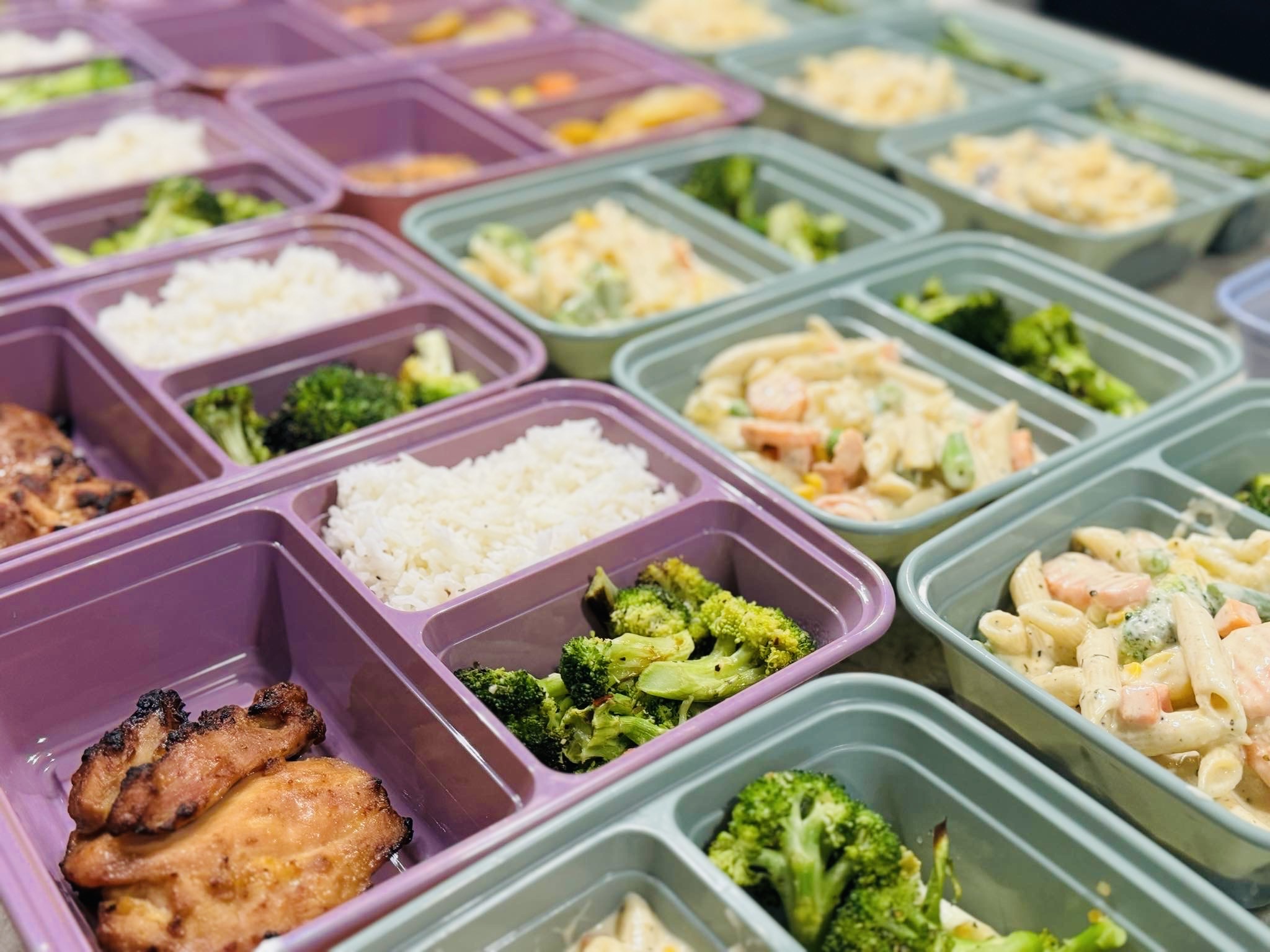 Multiple meal prep containers filled with rice, broccoli, pasta salad, and grilled chicken, arranged in rows.