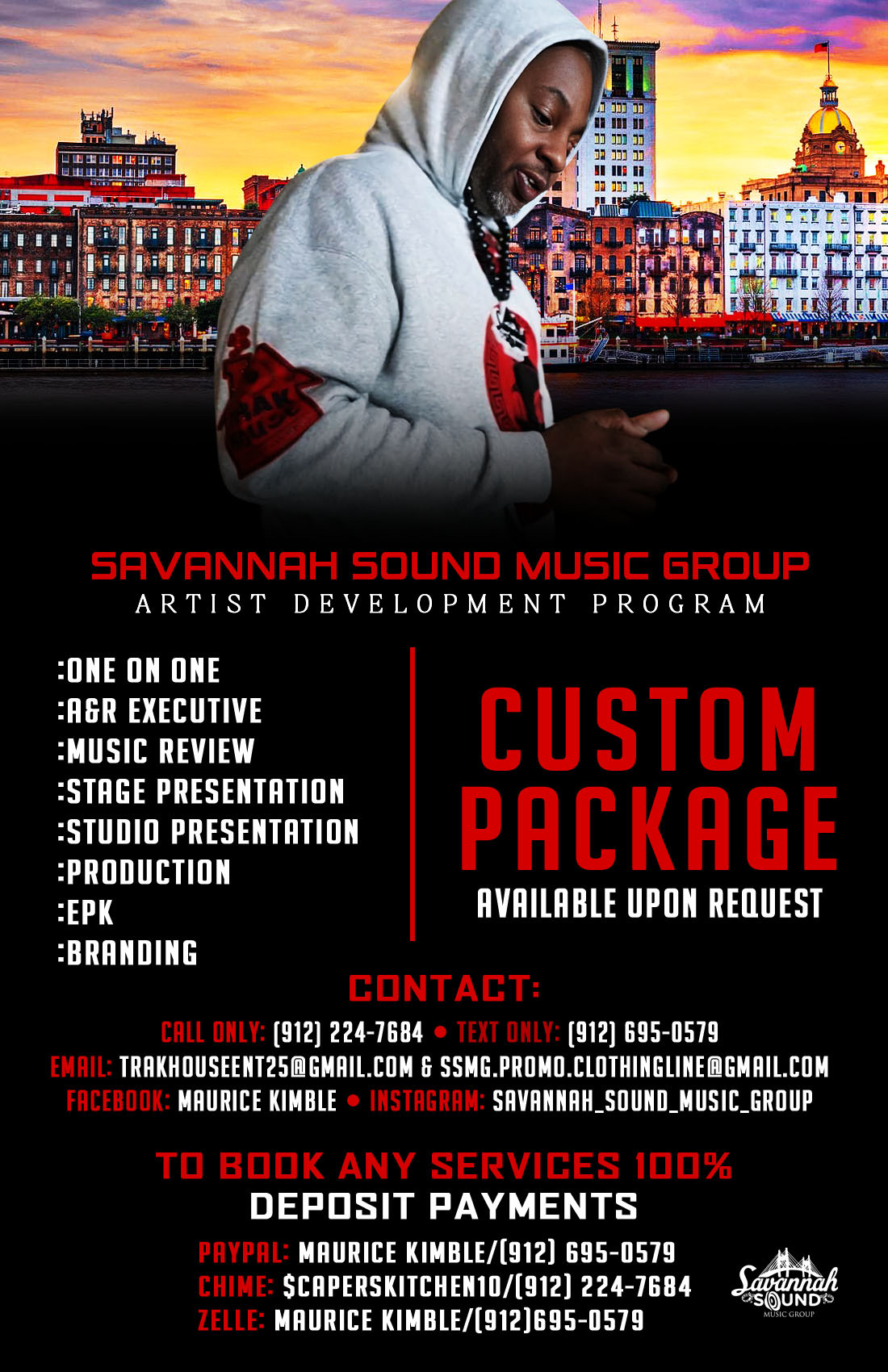 Young man in gray hoodie looking at phone against city skyline at sunset, promotional poster for Savannah Sound Music Group, contact info included.