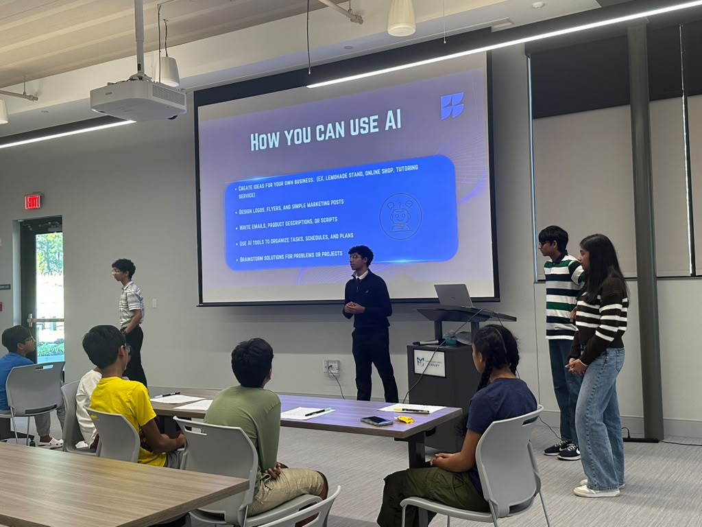 A classroom with a presentation slide titled 'How You Can Use AI' on a large screen, students seated and standing near the front.