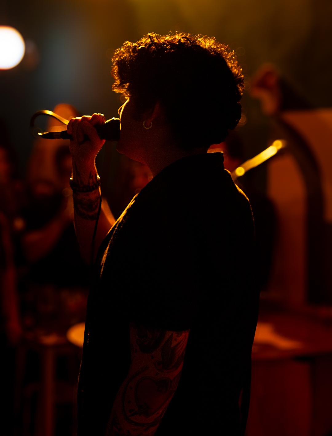 Person singing into a microphone on stage with warm lighting, silhouette visible, audience in background.