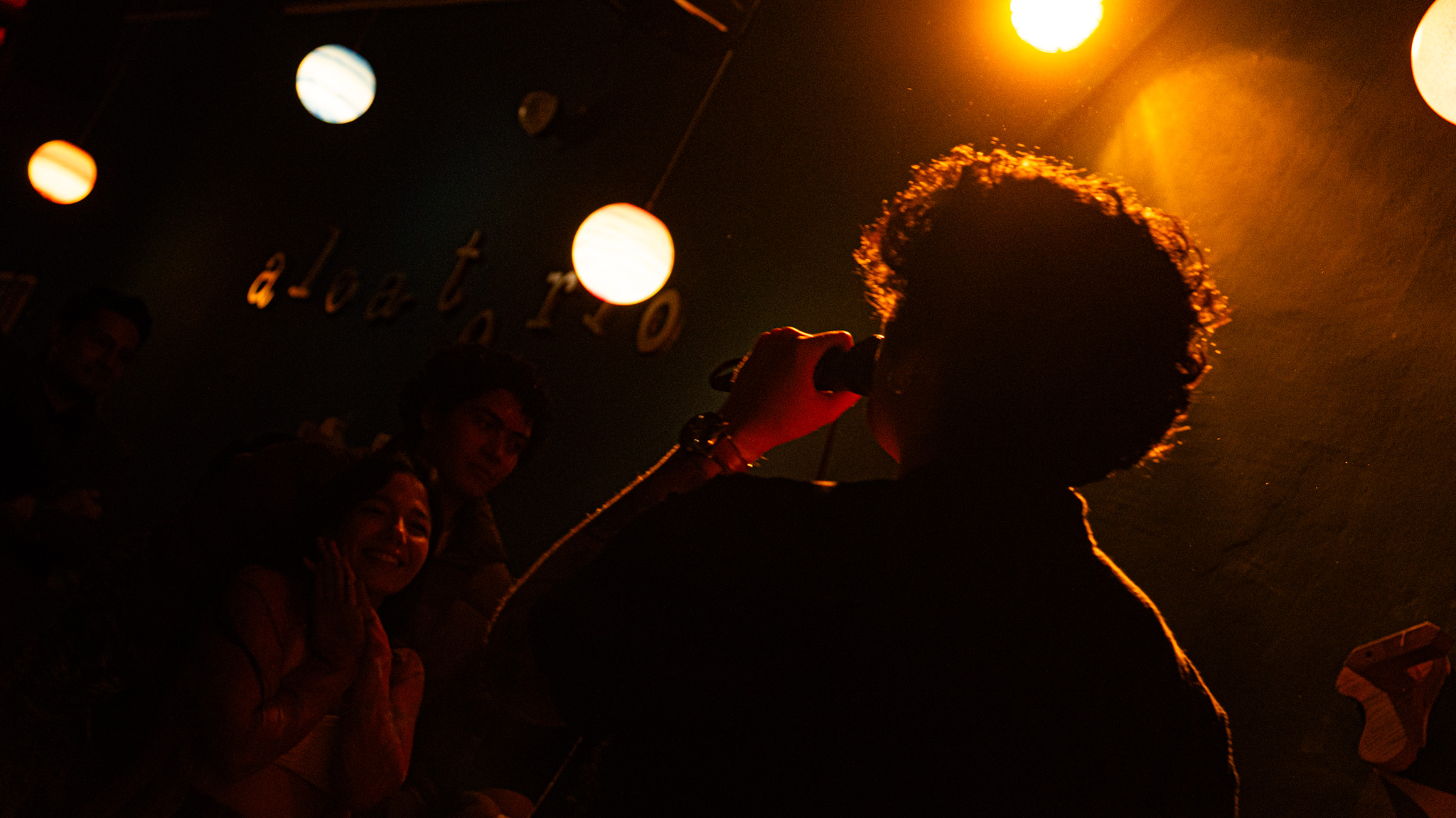 Person with curly hair holding a microphone on stage, illuminated by warm stage lights, with audience members in background.