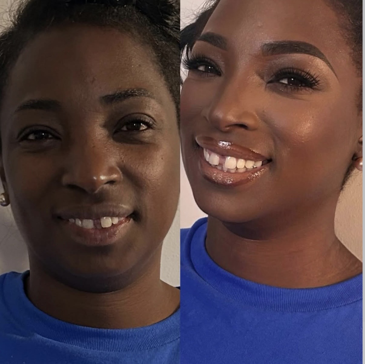Side-by-side comparison of a woman before and after makeup, smiling, wearing a blue shirt.