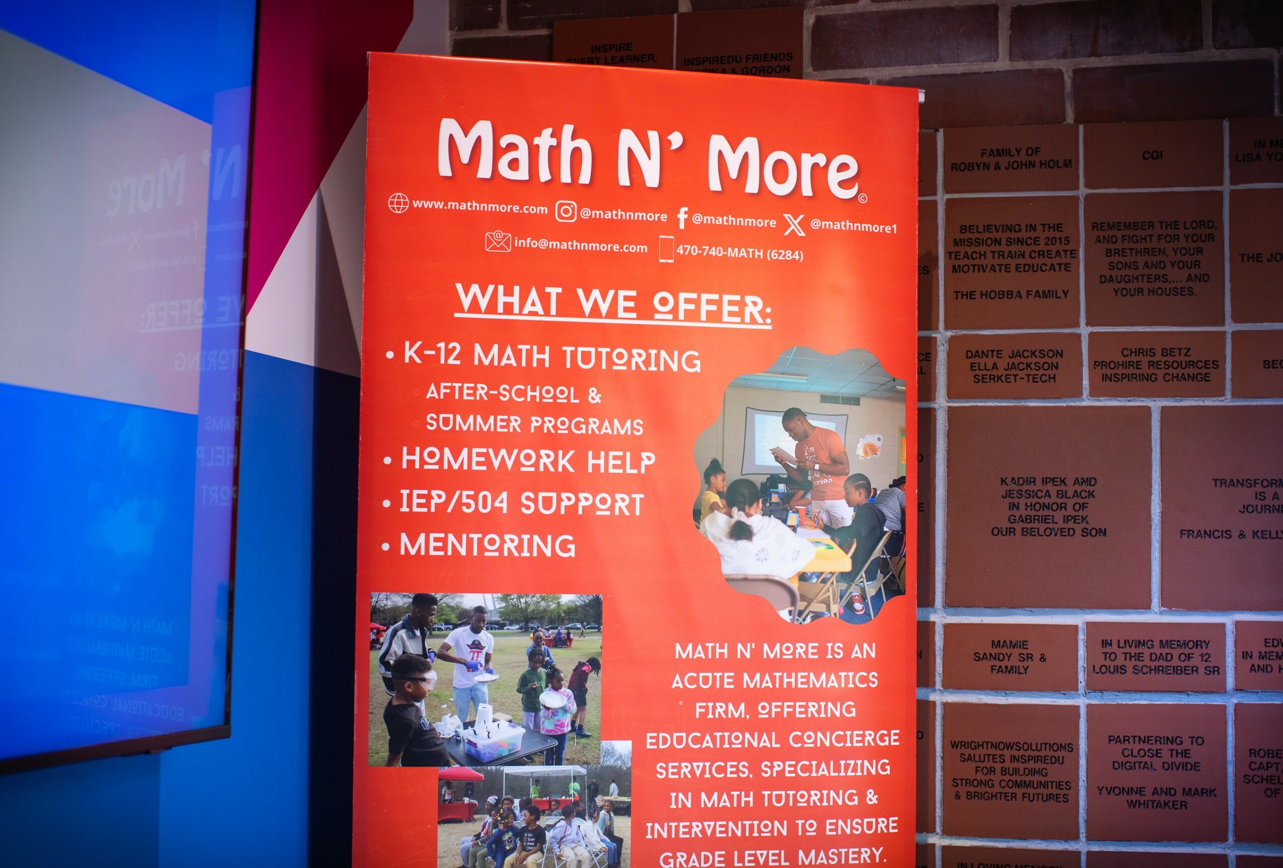 Red poster titled 'Math N' More' with information about tutoring services, including images of children studying and working together.