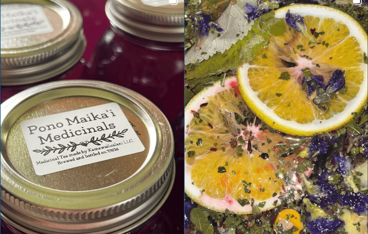 Jar labeled 'Pono Maika'i Medicalins' next to a plate of lemon slices with herbs and flowers, colorful and fresh-looking.