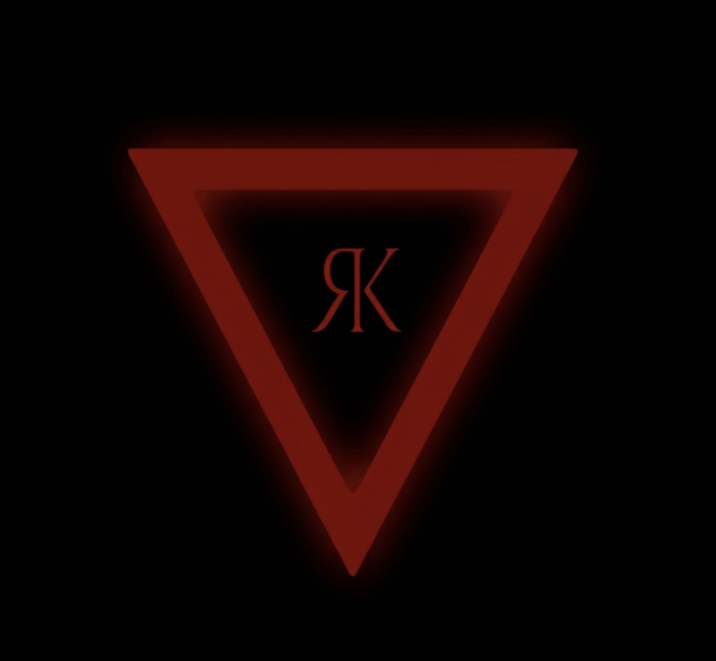Red inverted triangle with a letter inside, on a black background.