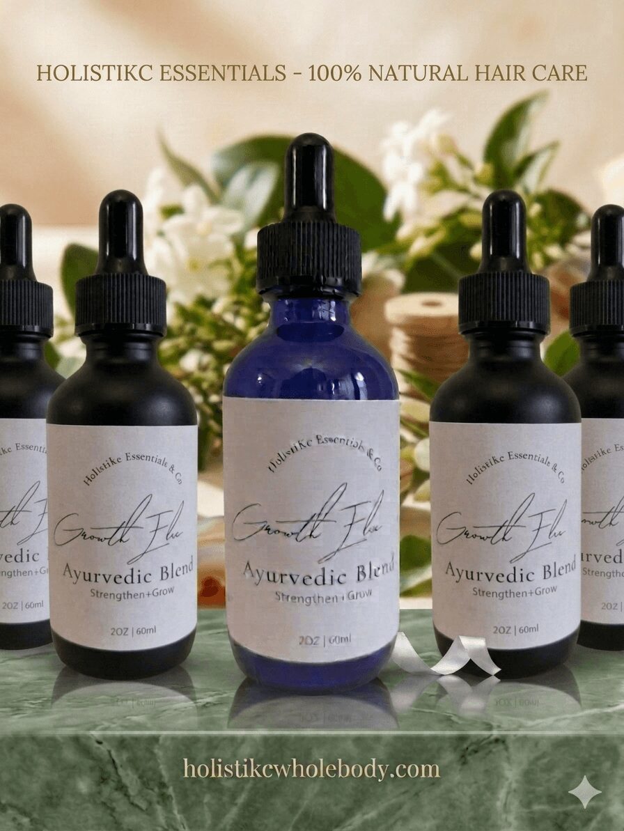 Four dark glass bottles with droppers, labeled 'Ayurvedic Blend,' on a green surface with white flowers in background.