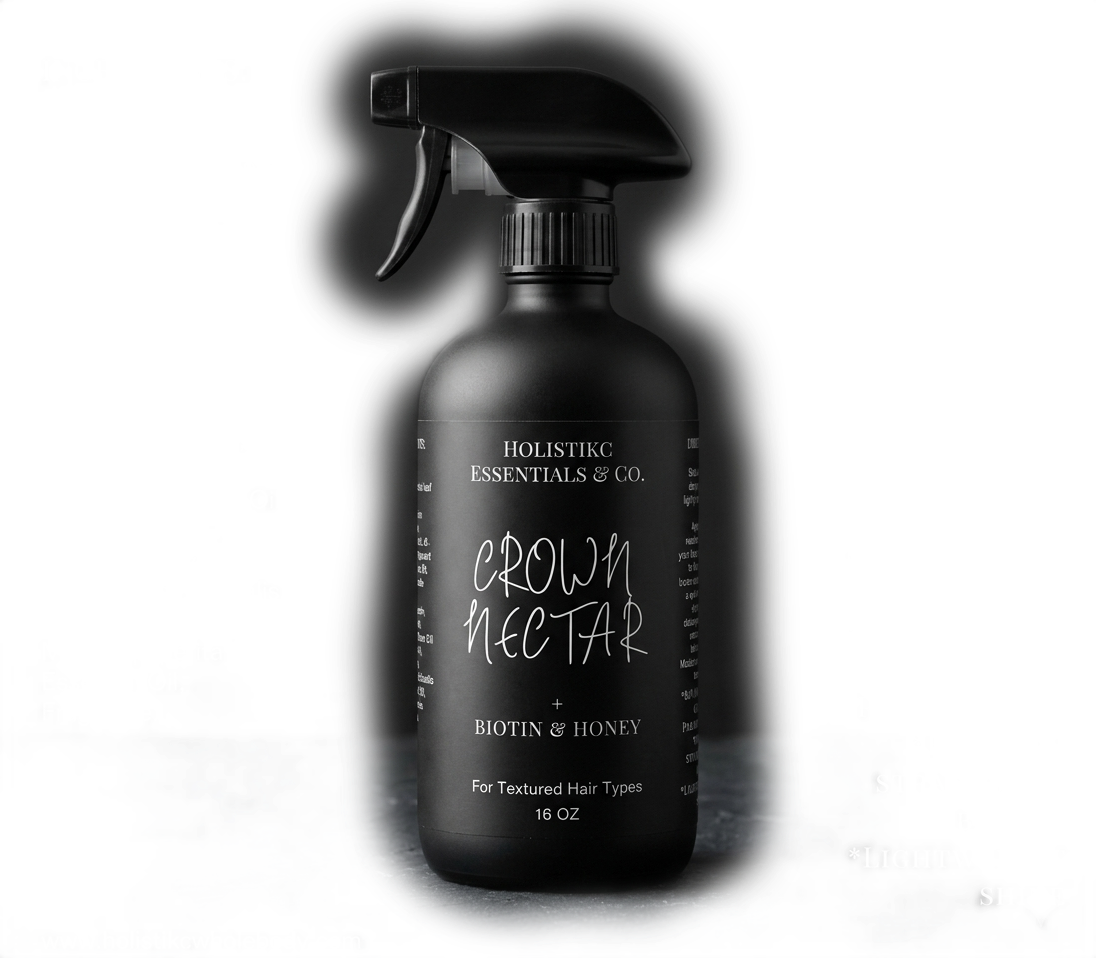 Black spray bottle labeled 'Crown Nectar' with text about biotin and honey, on a dark background.