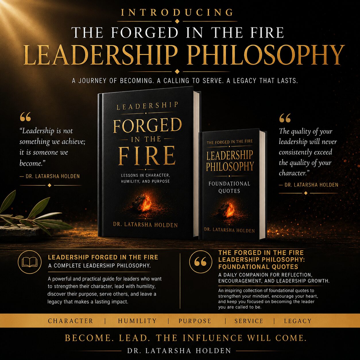 Book cover titled 'Leadership Philosophy' with quotes and author Dr. Latarsaha Holden, dark background, gold and white text.