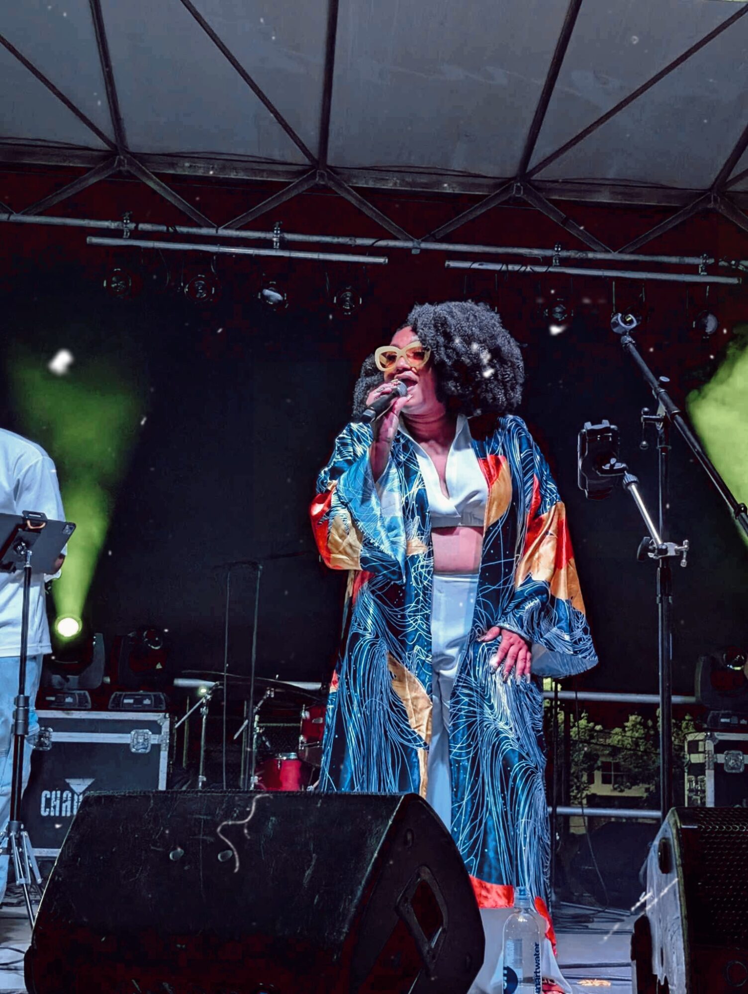 A woman with curly hair singing into a microphone on stage with musical equipment and stage lights.