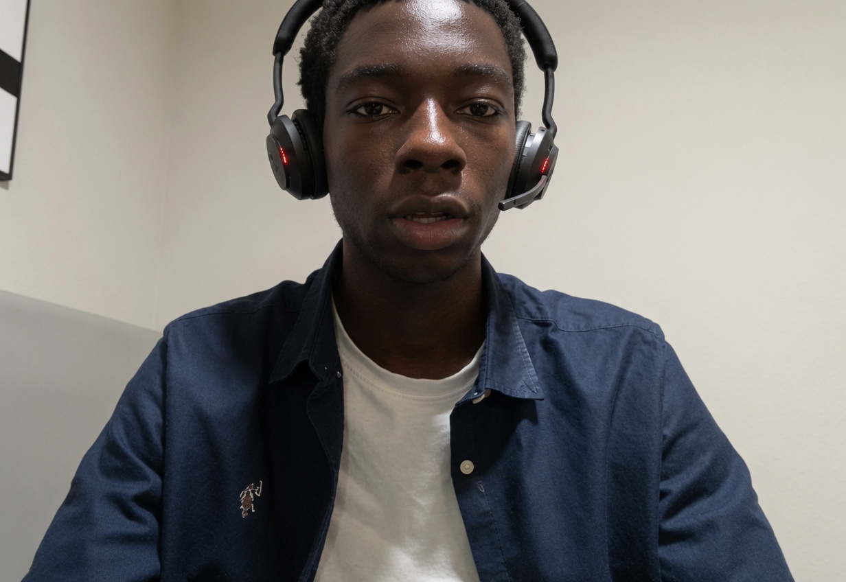 Young man with headphones, wearing a dark blue shirt and white t-shirt, sitting indoors against a plain wall.