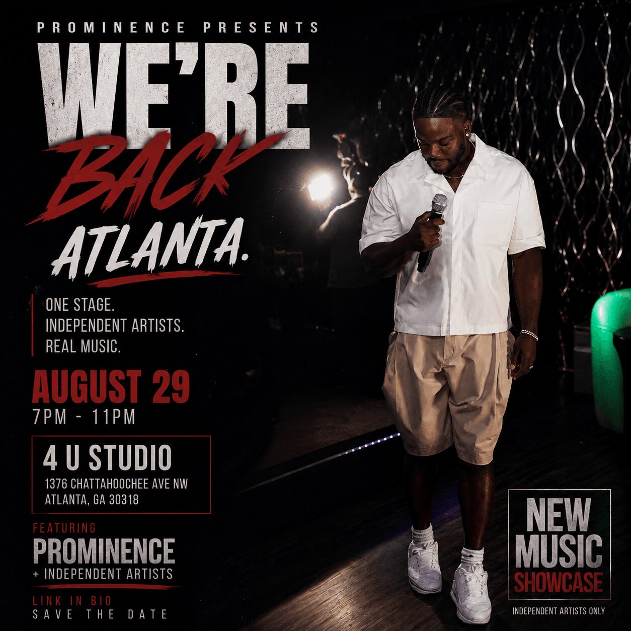 Man holding microphone on stage with dark background, event details for a music showcase in Atlanta, August 29.