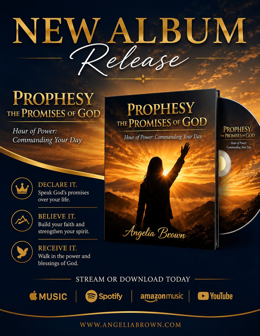 Promotional image for a new album release titled 'Prophesy: The Promises of God' by Angela Brown, featuring a sunset and a person reaching upward.