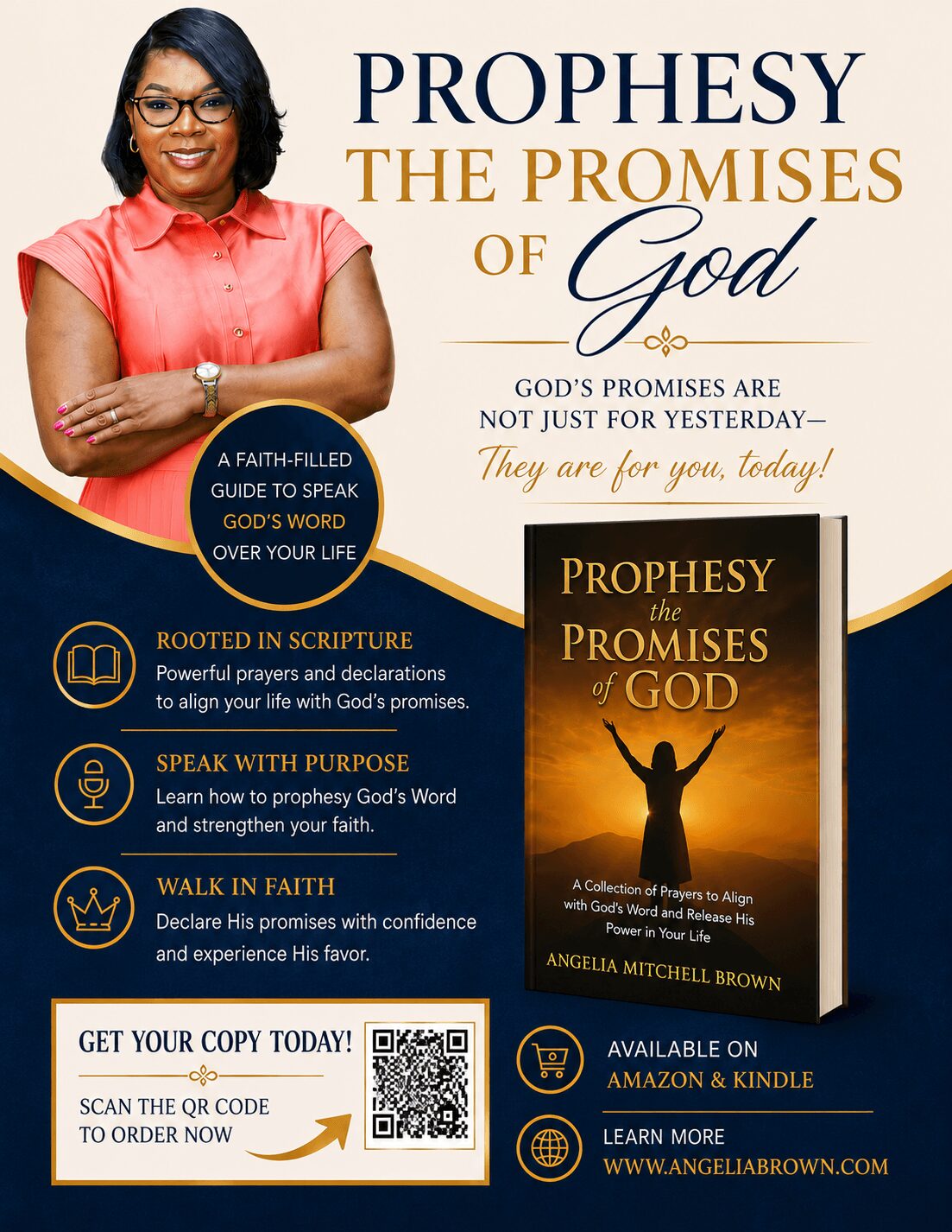 Book cover titled 'Prophesy the Promises of God' with a woman in a coral dress smiling, holding a book, and text about God's promises.