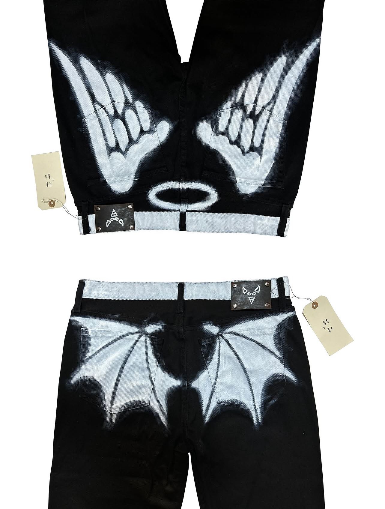 Black clothing with white skeletal hand and bat wing designs, displayed on a white background.