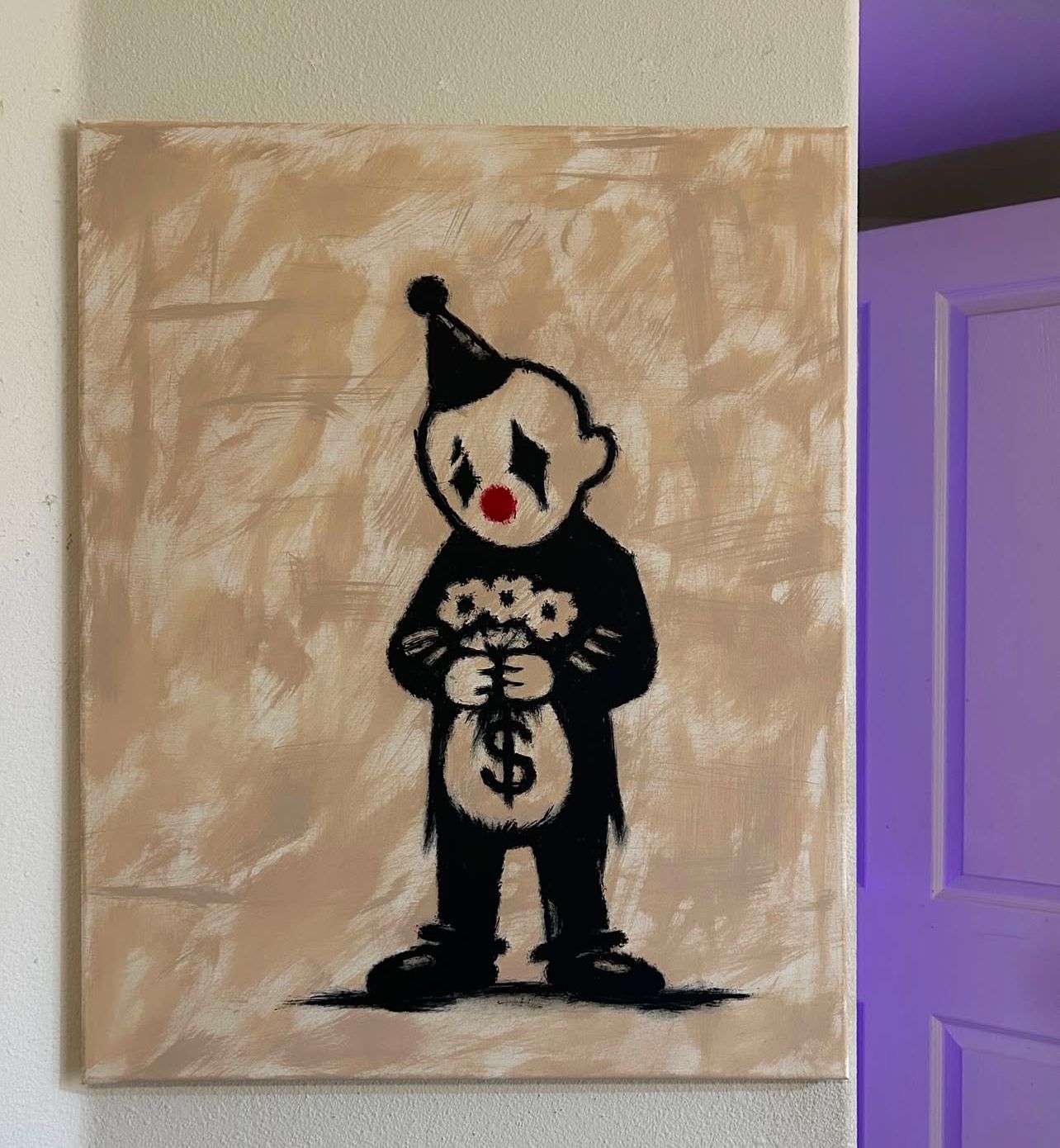 Painting of a figure with a party hat holding a flower, with a dollar sign on its body, on a beige background.