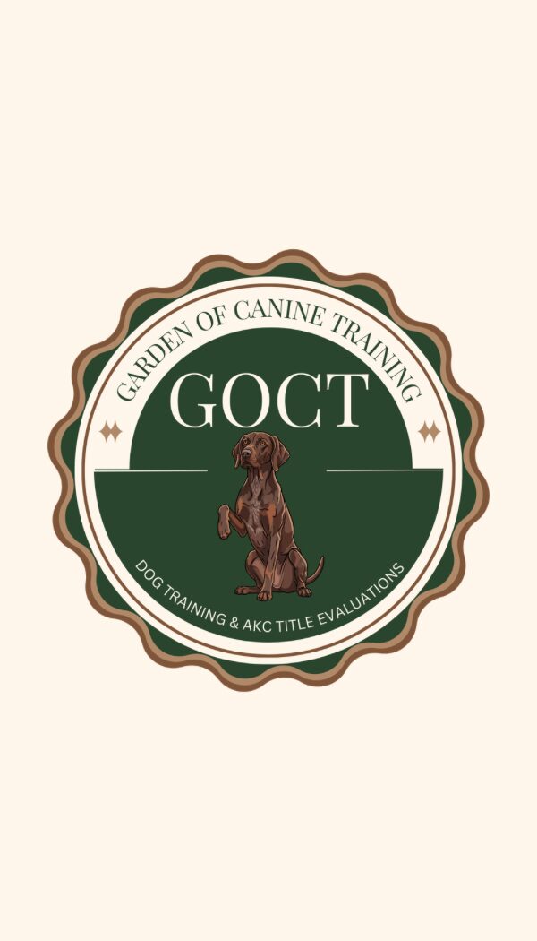 Circular logo with a dog image, text, and decorative border, representing a canine training organization.