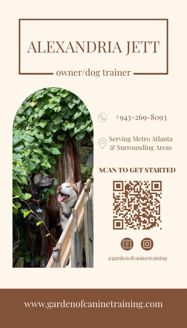Business card for Alexandria Jett, dog trainer, with a photo of a dog on a walkway surrounded by greenery, QR code, and contact info.