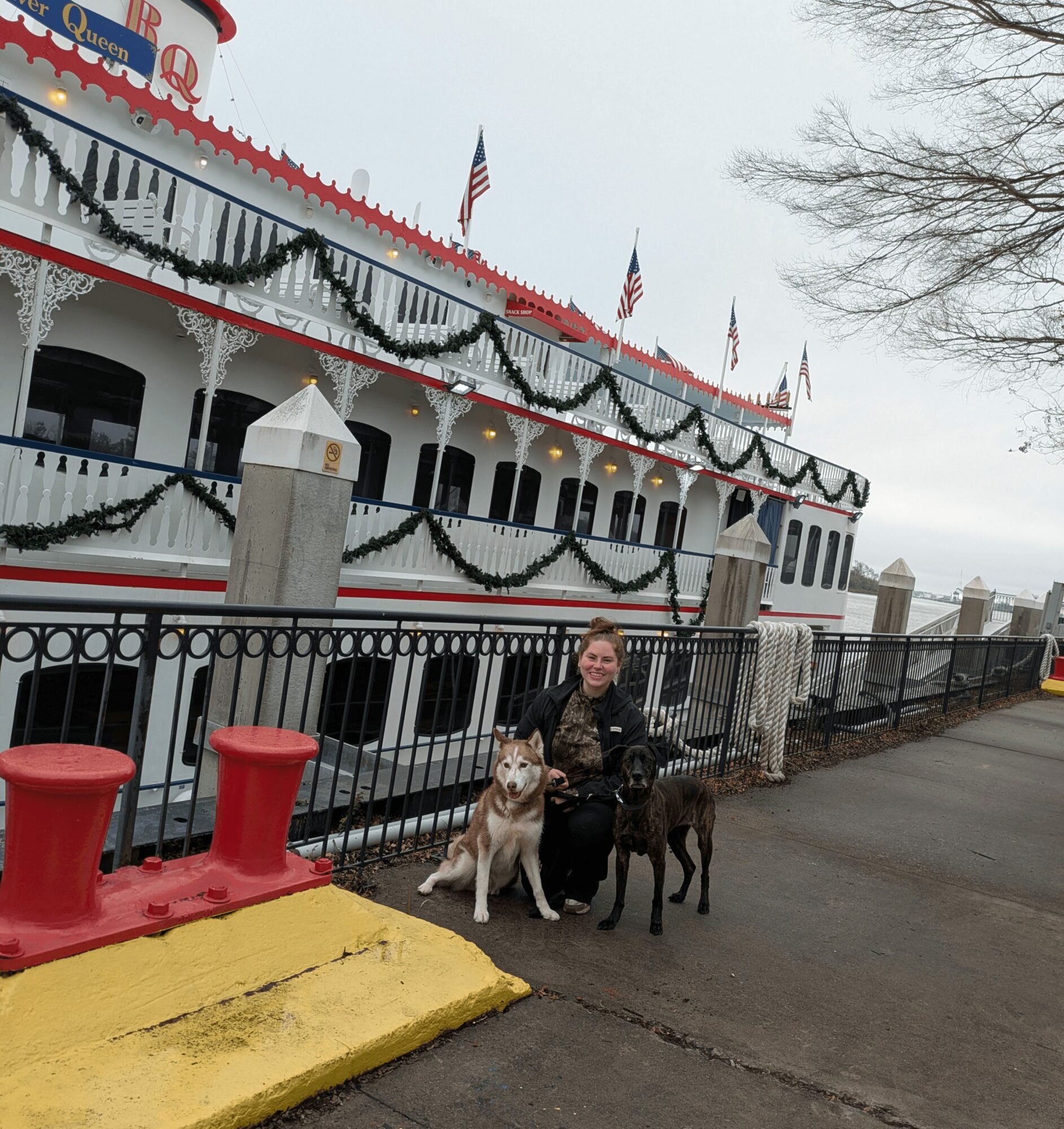 Person sitting with two dogs near a boat decorated with flags and garlands, on a paved walkway with a fence.