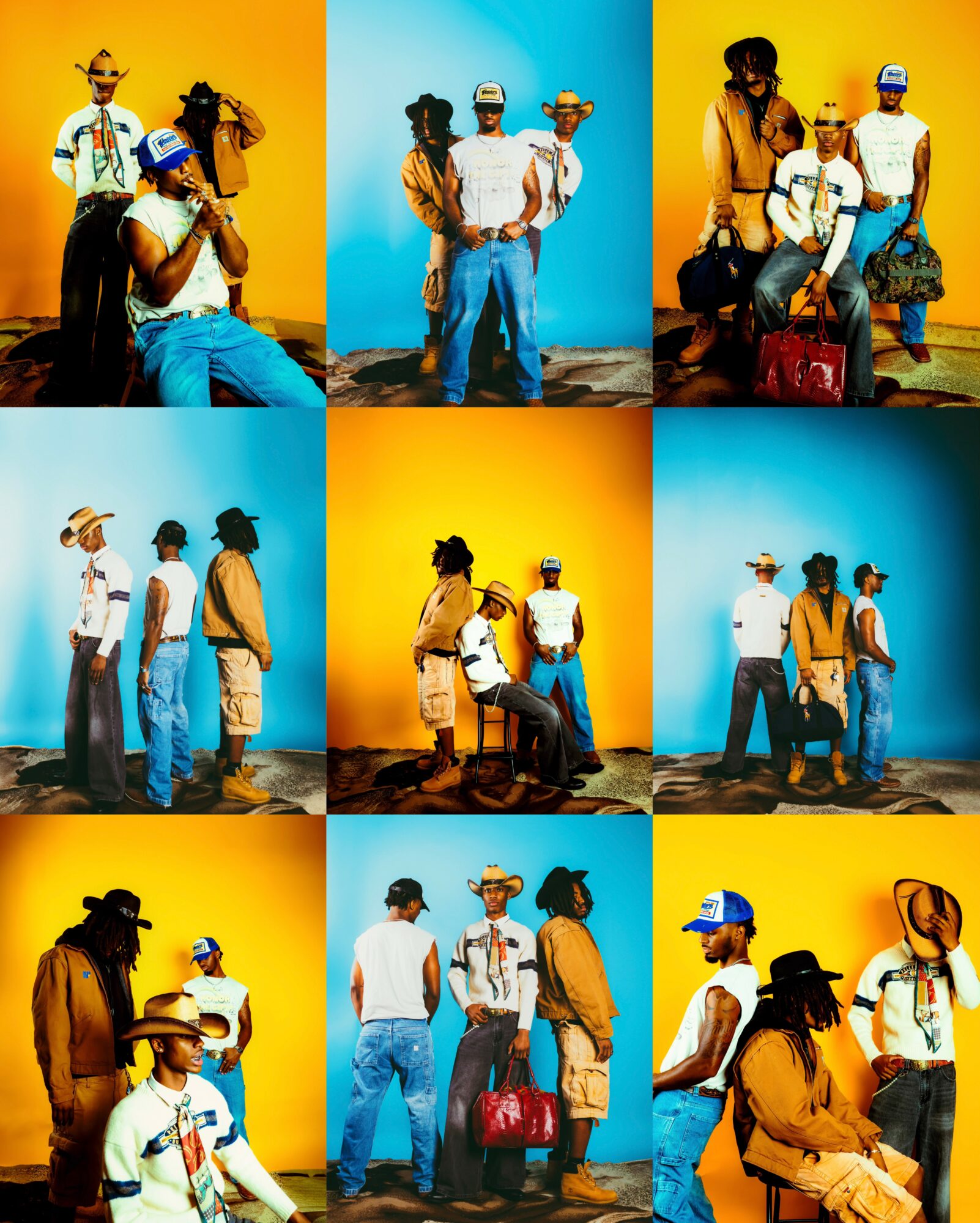 Group of people outdoors against colorful backgrounds, some wearing hats and casual clothing, with luggage and backpacks visible.