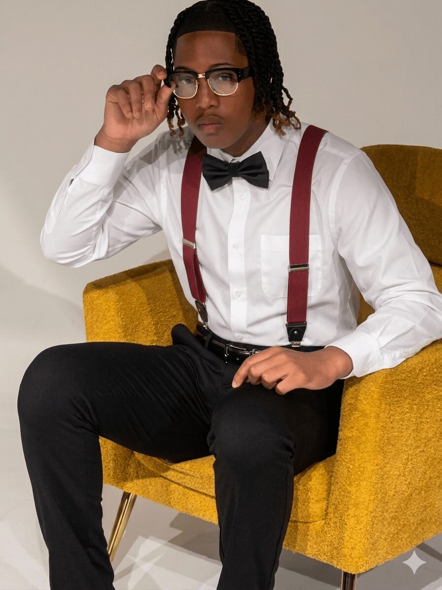 Person with glasses and dreadlocks sitting on a yellow chair, adjusting glasses, wearing a white shirt, black bow tie, and suspenders.